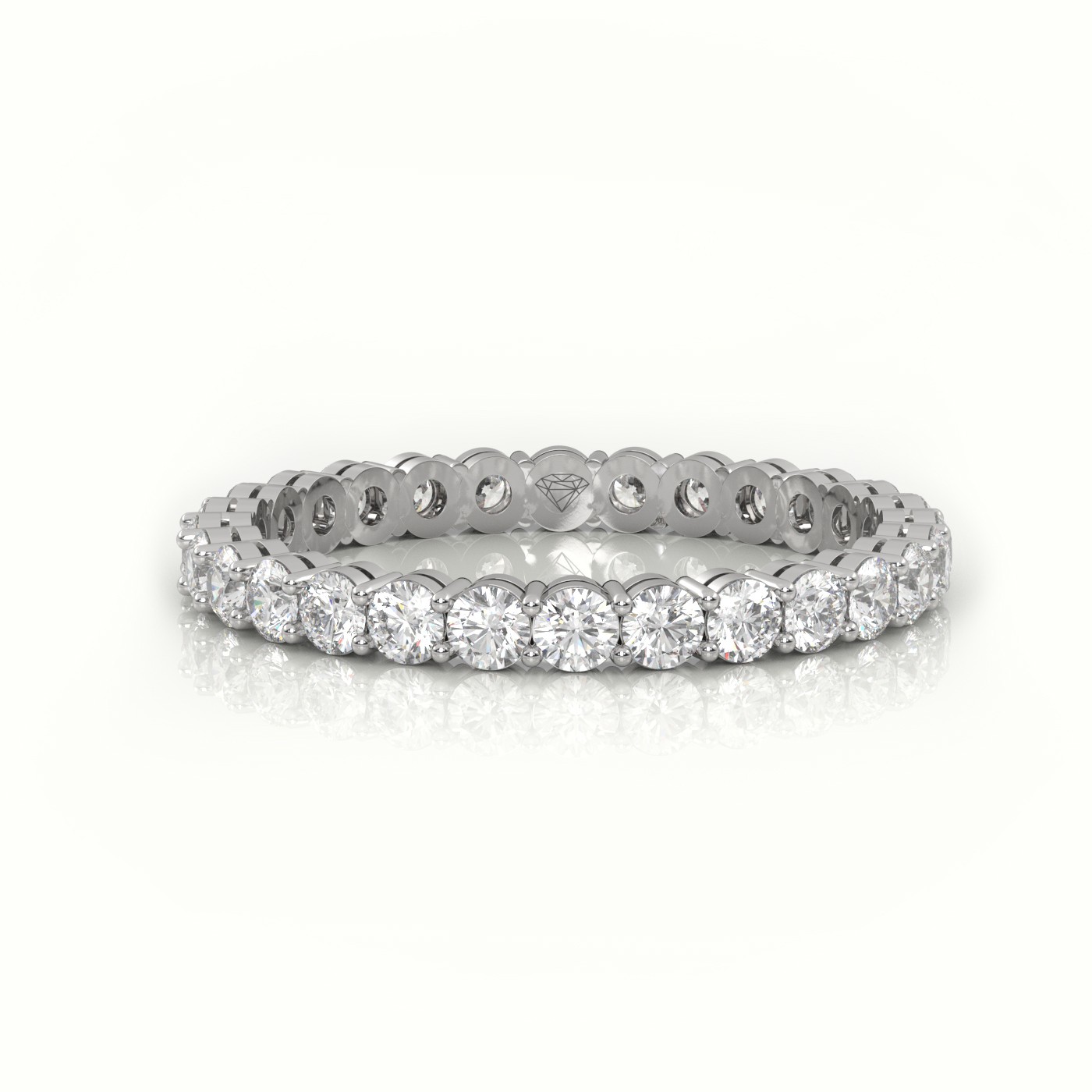 18k white gold  round cut diamond shared prongs eternity wedding band
