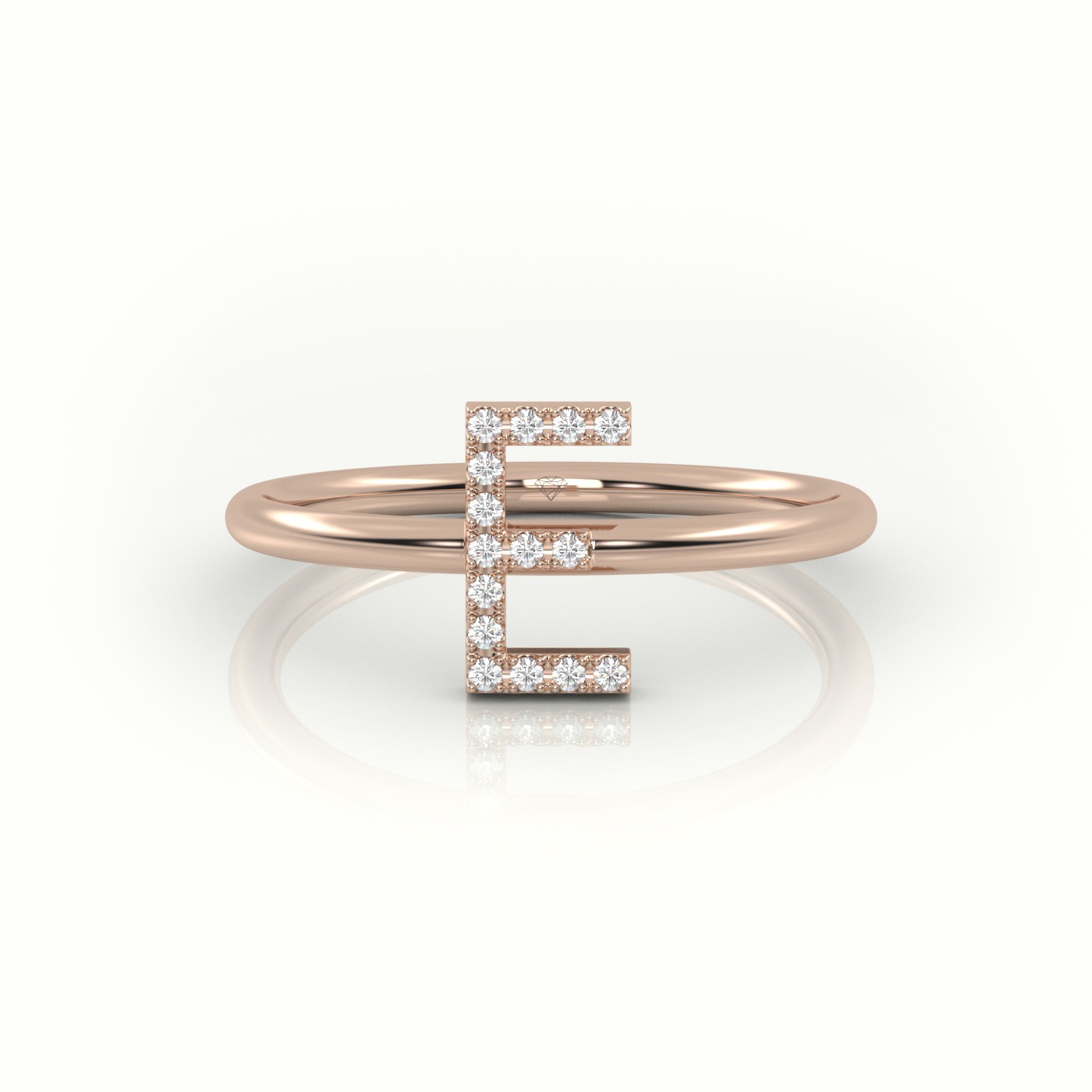 18k rose gold  round cut diamonds “e” initials monogram alphabet ring
