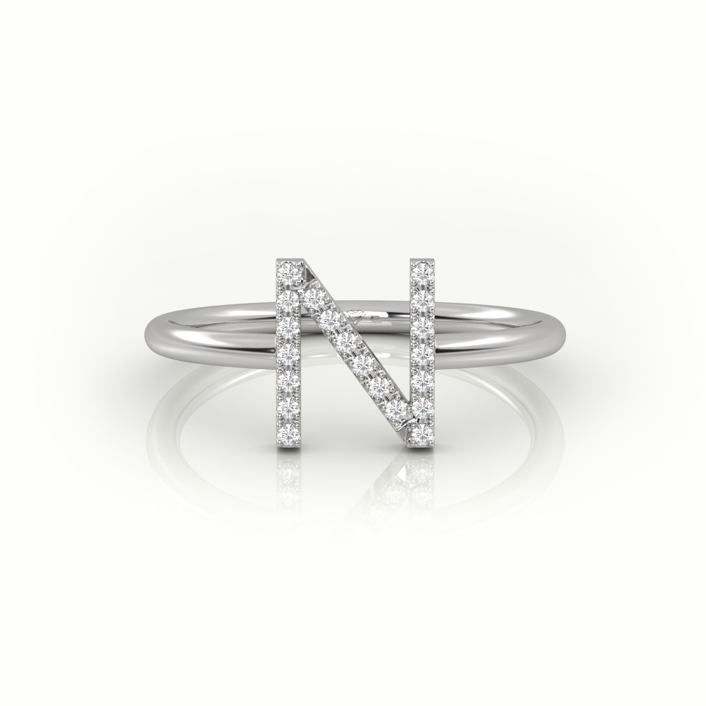 18k white gold  round cut diamonds “n” initials monogram alphabet ring