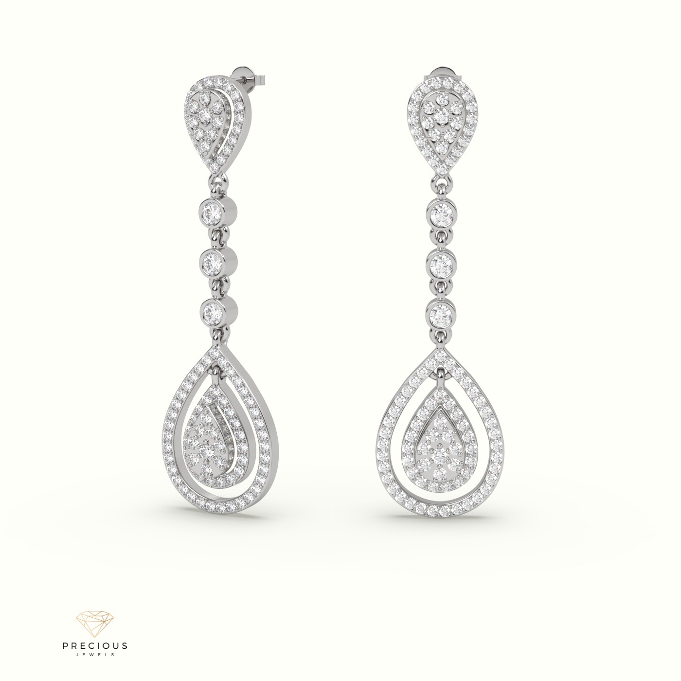 18K WHITE GOLD  PEAR SHAPED EARRING SET WITH ROUND BRILLIANCE DIAMONDS