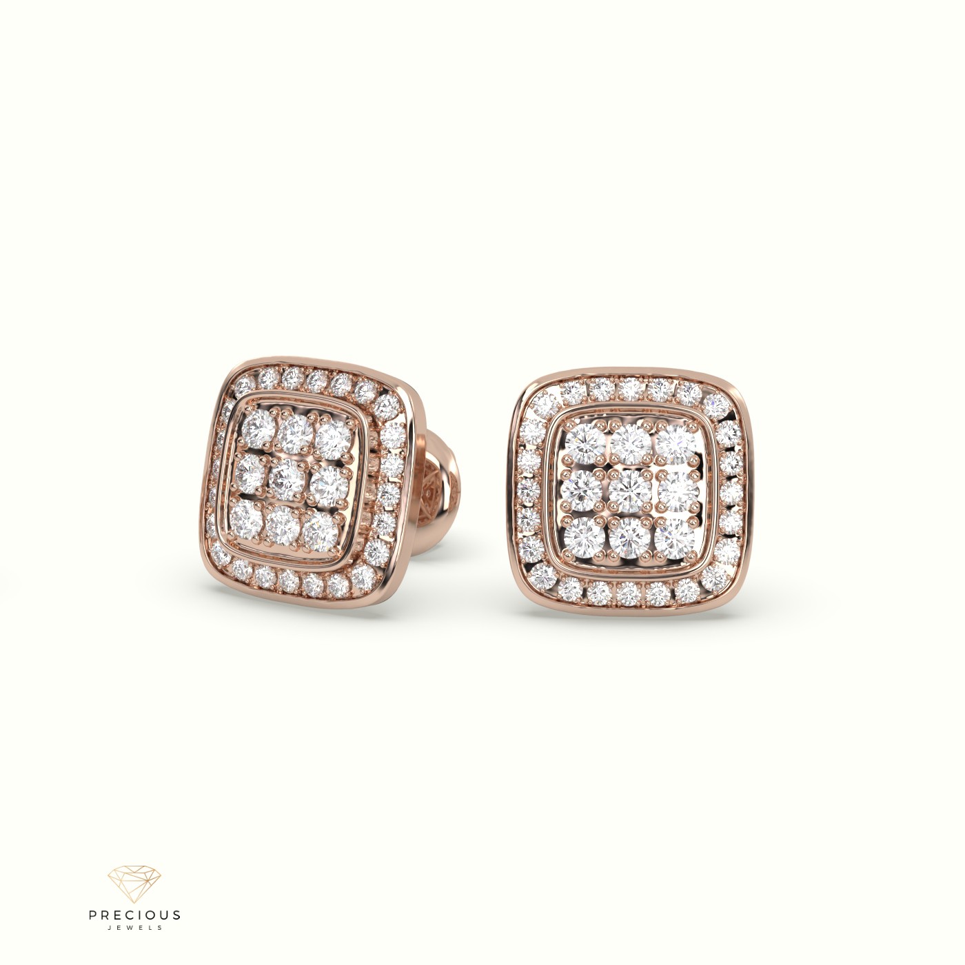 18k rose gold square frame cluster diamond stud earrings