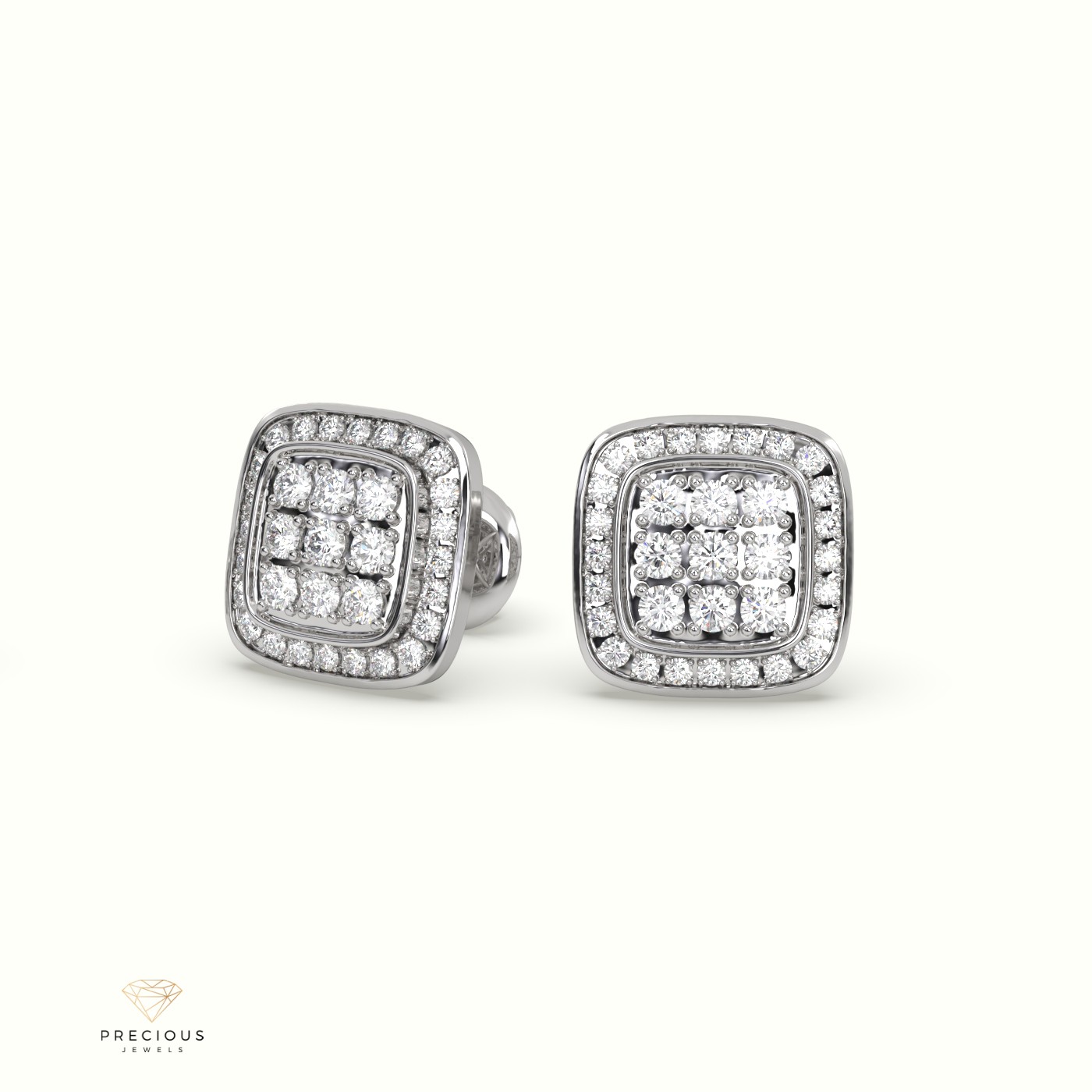 18K White Gold Square Frame Cluster Diamond Stud Earrings