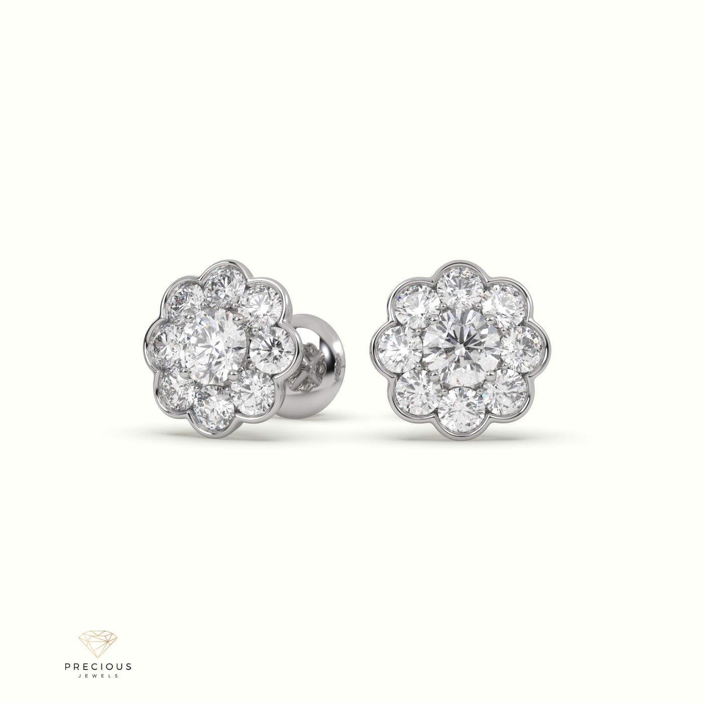 18K White Gold 4 Prongs Mesmerizing Diamond Floral Cluster Earrings