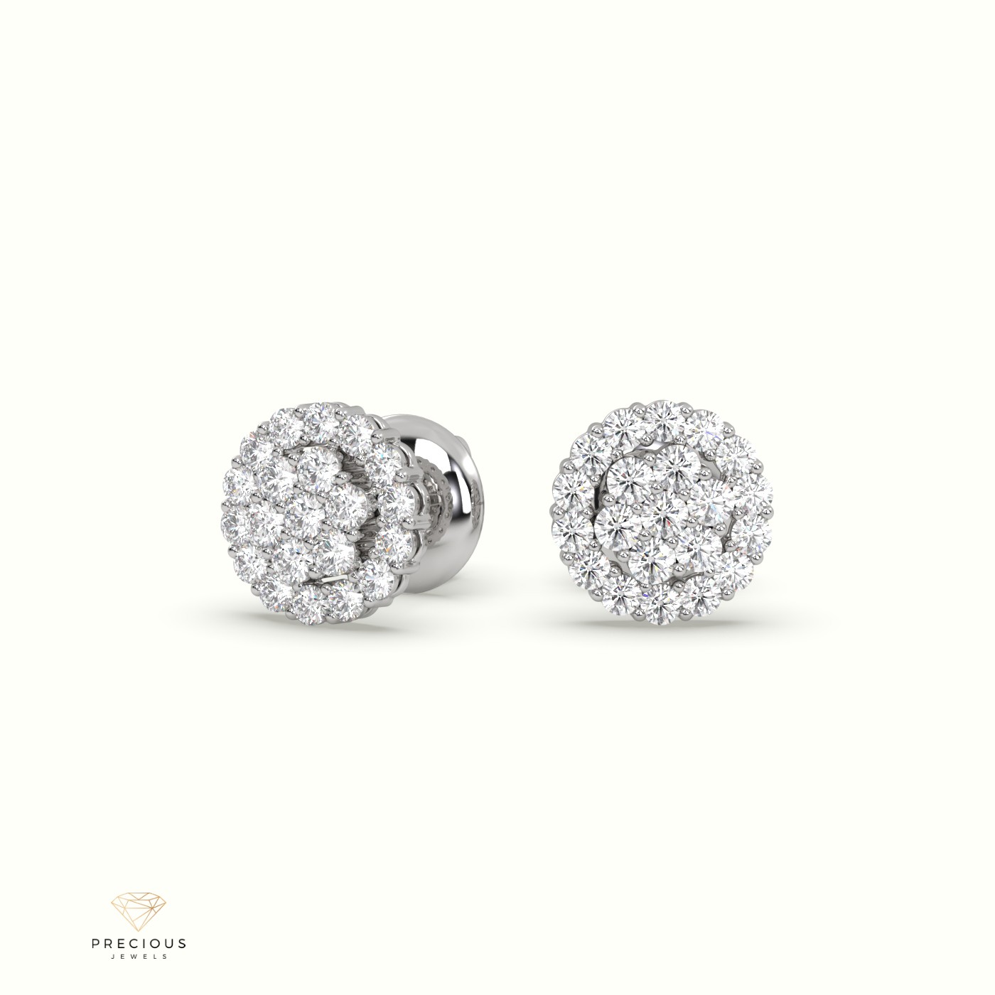 18K WHITE GOLD  Round Cluster Halo Earrings