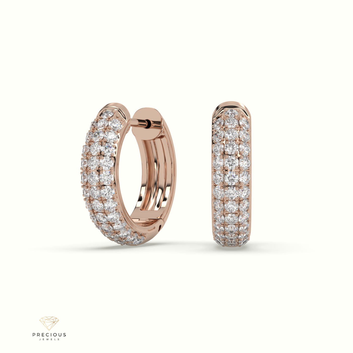 18k rose gold petite triple row diamond huggie earrings.