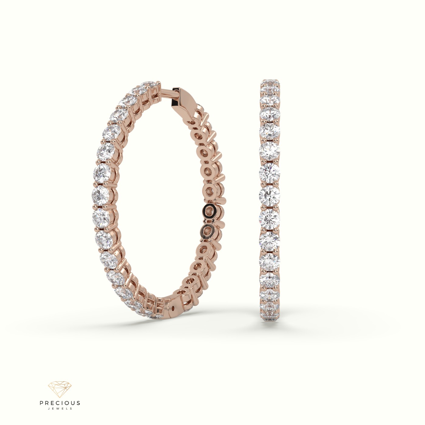 18k rose gold  shared prong diamond hoop earrings