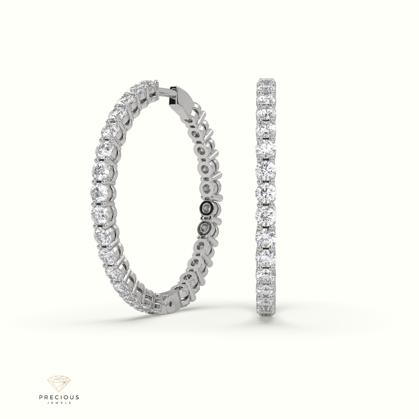 18K WHITE GOLD  Shared Prong Diamond Hoop Earrings