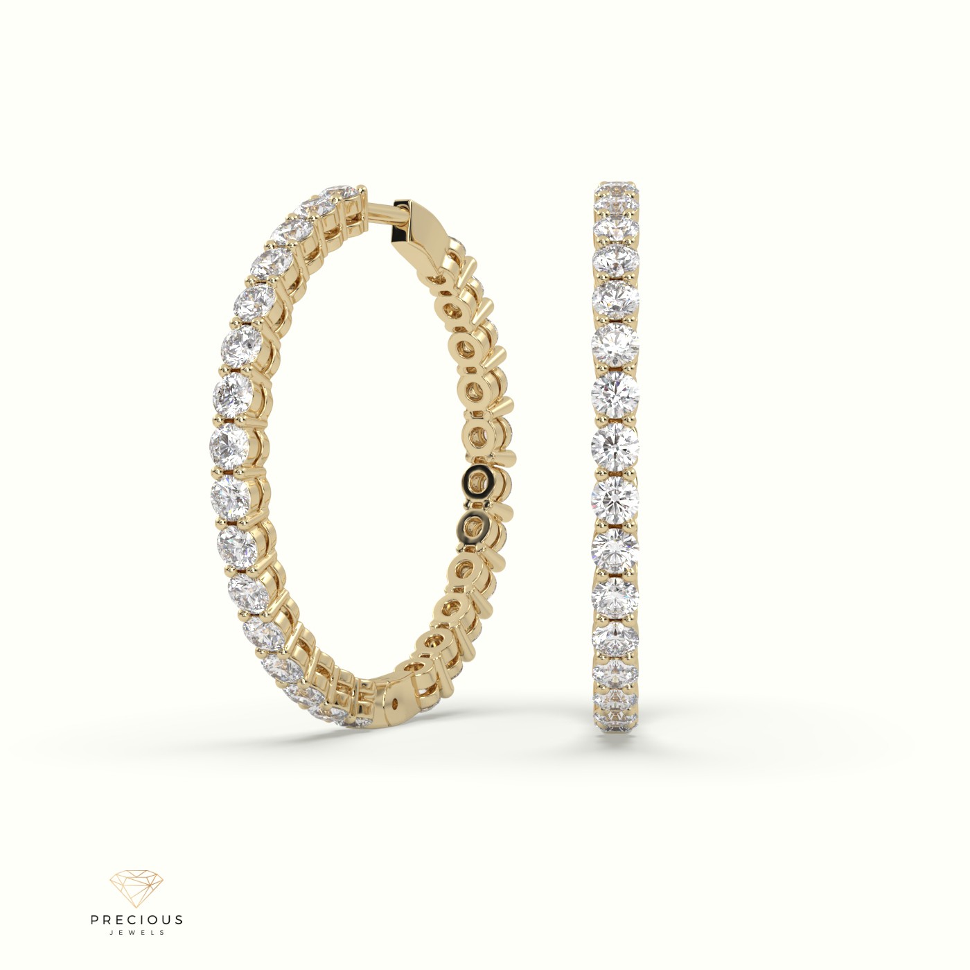 18k yellow gold  shared prong diamond hoop earrings