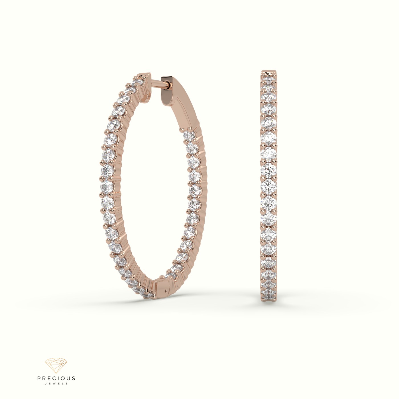 18k rose gold in and out diamond hoops earrings