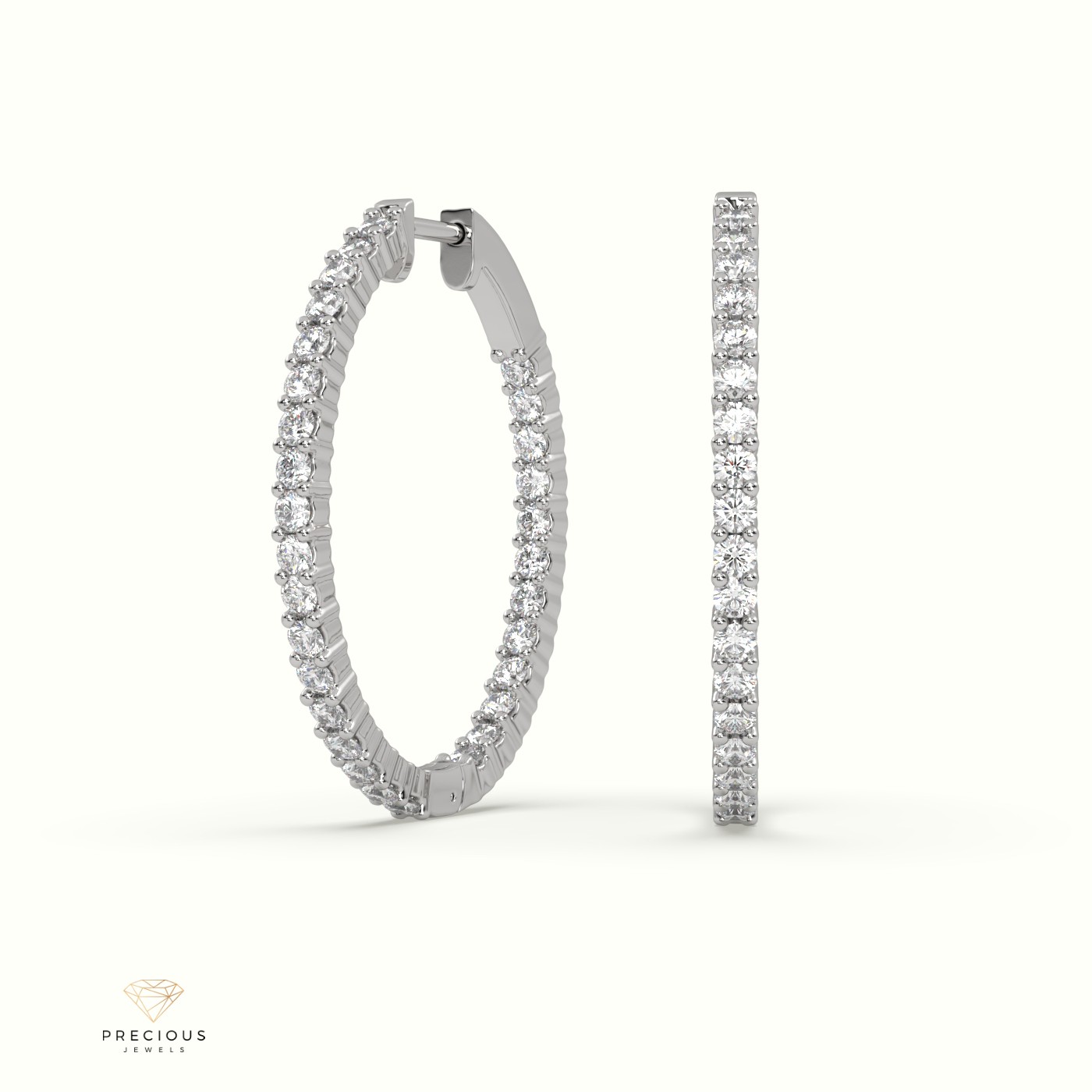 18K White Gold In and Out Diamond Hoops Earrings