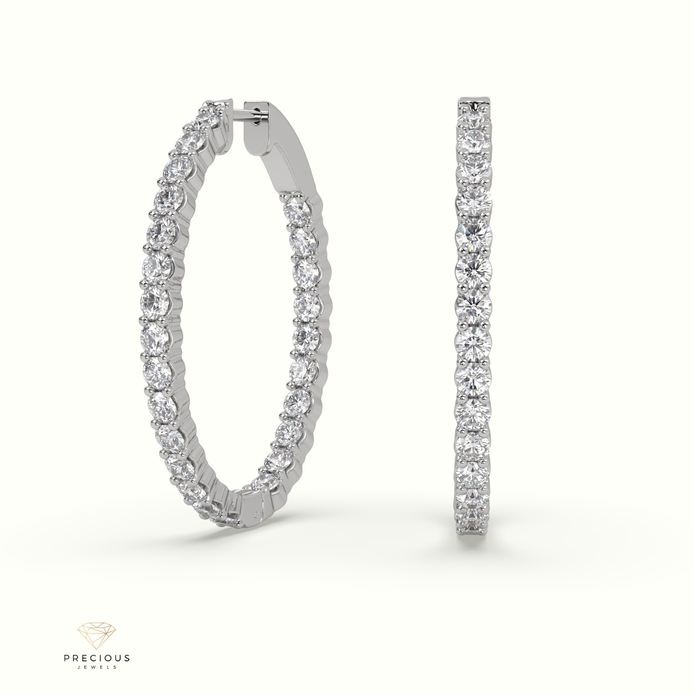 18K White Gold In/Out Shared Prong Wave Diamond Earrings
