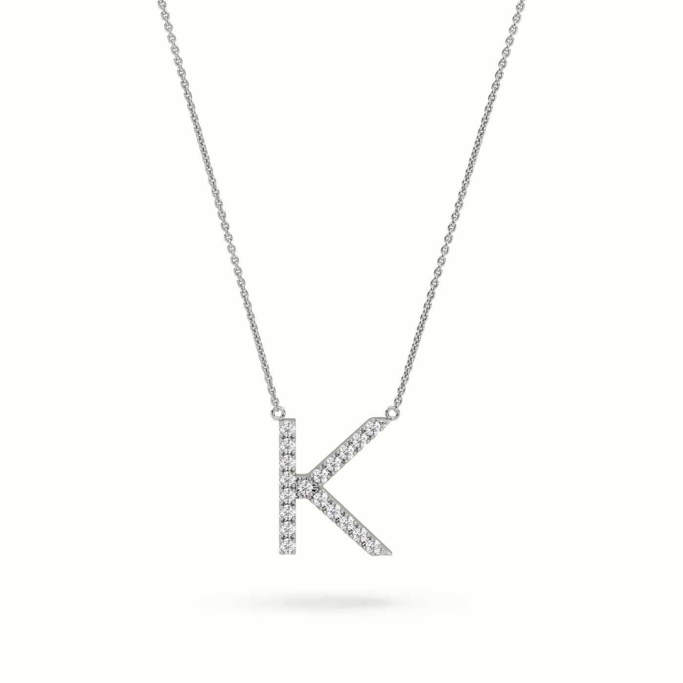 18k white gold  round cut diamonds “k” initials monogram alphabet pendant