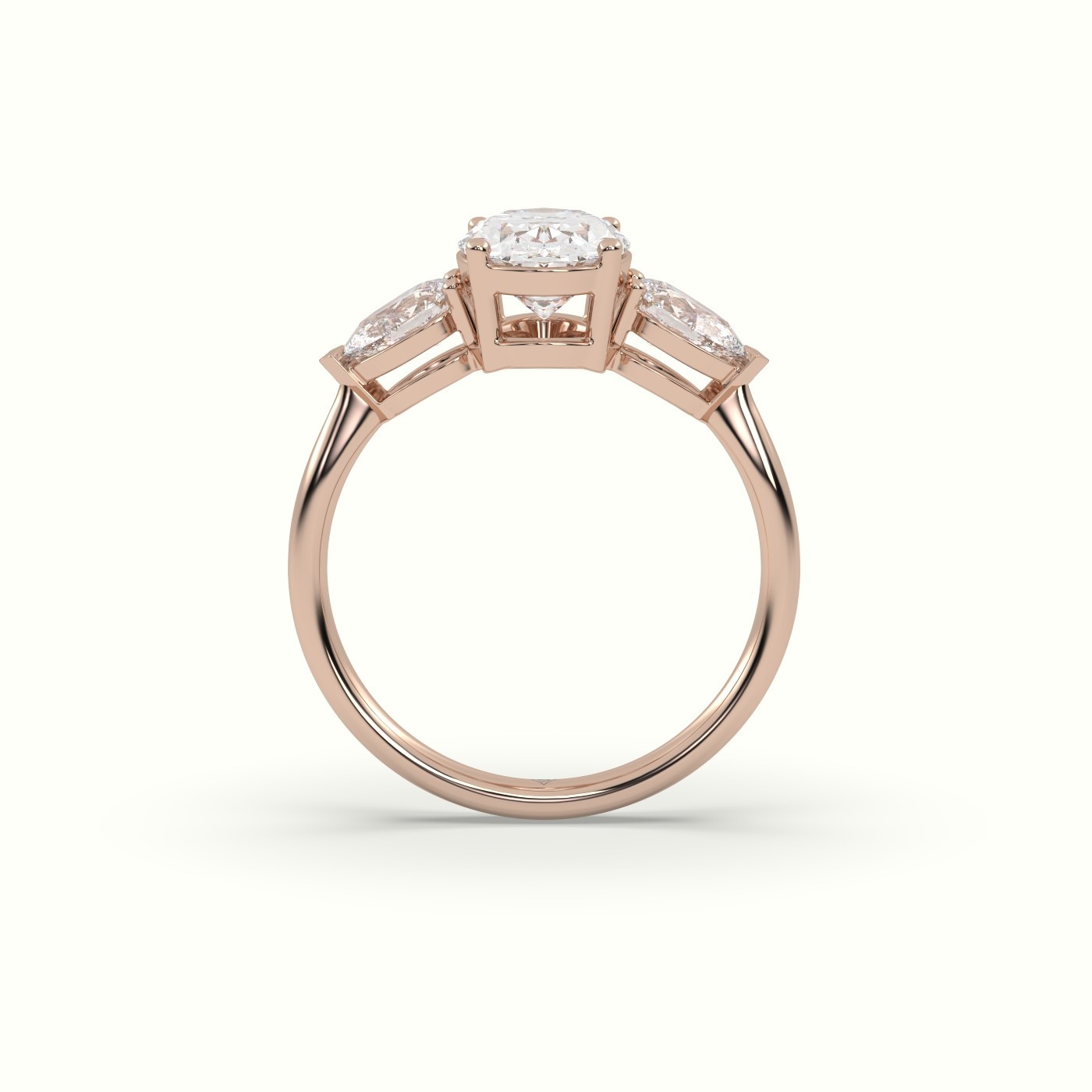 flash sale-18k rose gold  oval diamond 4 round prongs trilogy ring pear shape side stone Photos & images