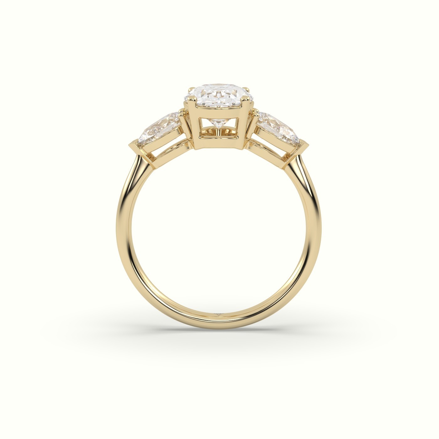 flash sale-18k yellow gold  oval diamond 4 round prongs trilogy ring pear shape side stone Photos & images