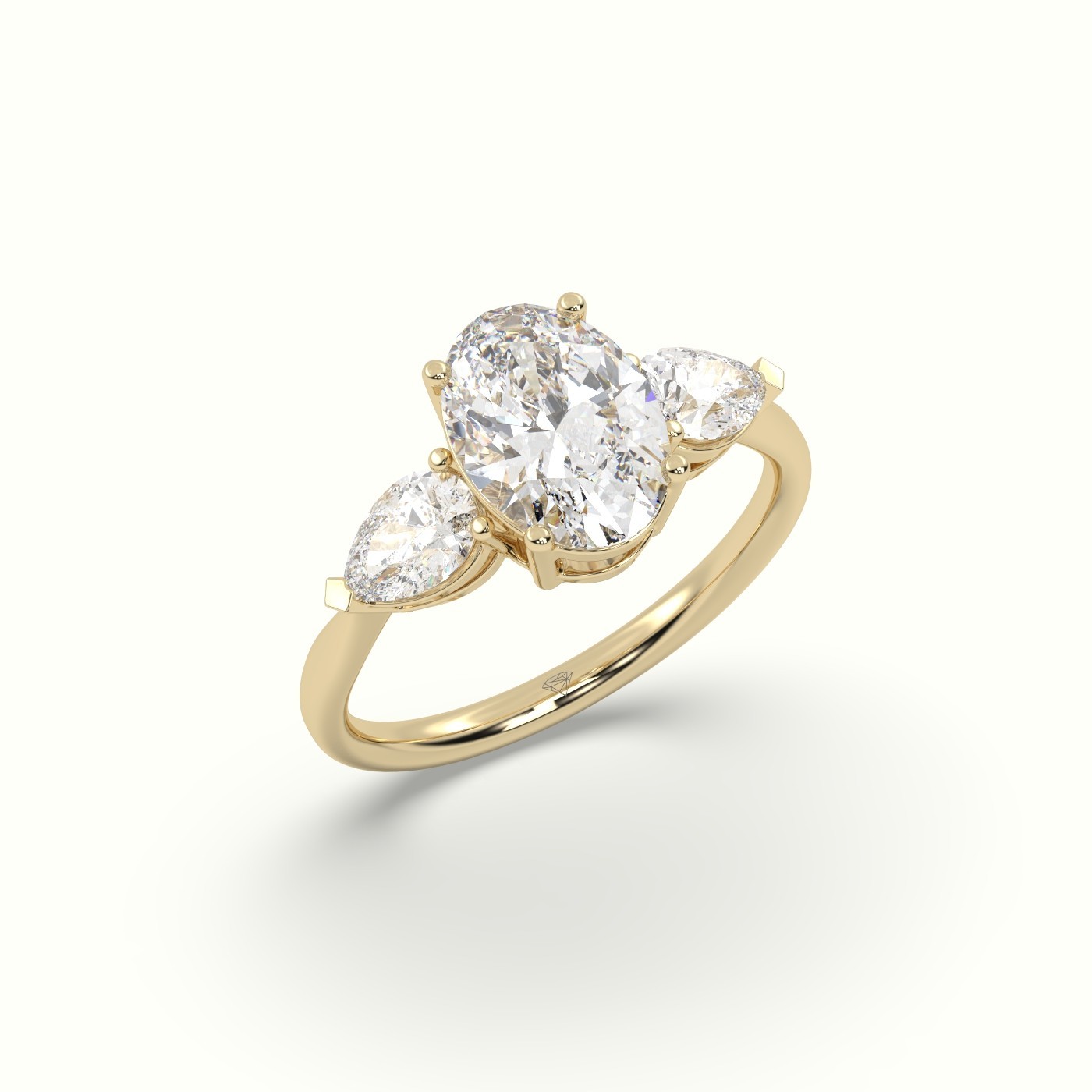 flash sale-18k yellow gold  oval diamond 4 round prongs trilogy ring pear shape side stone
