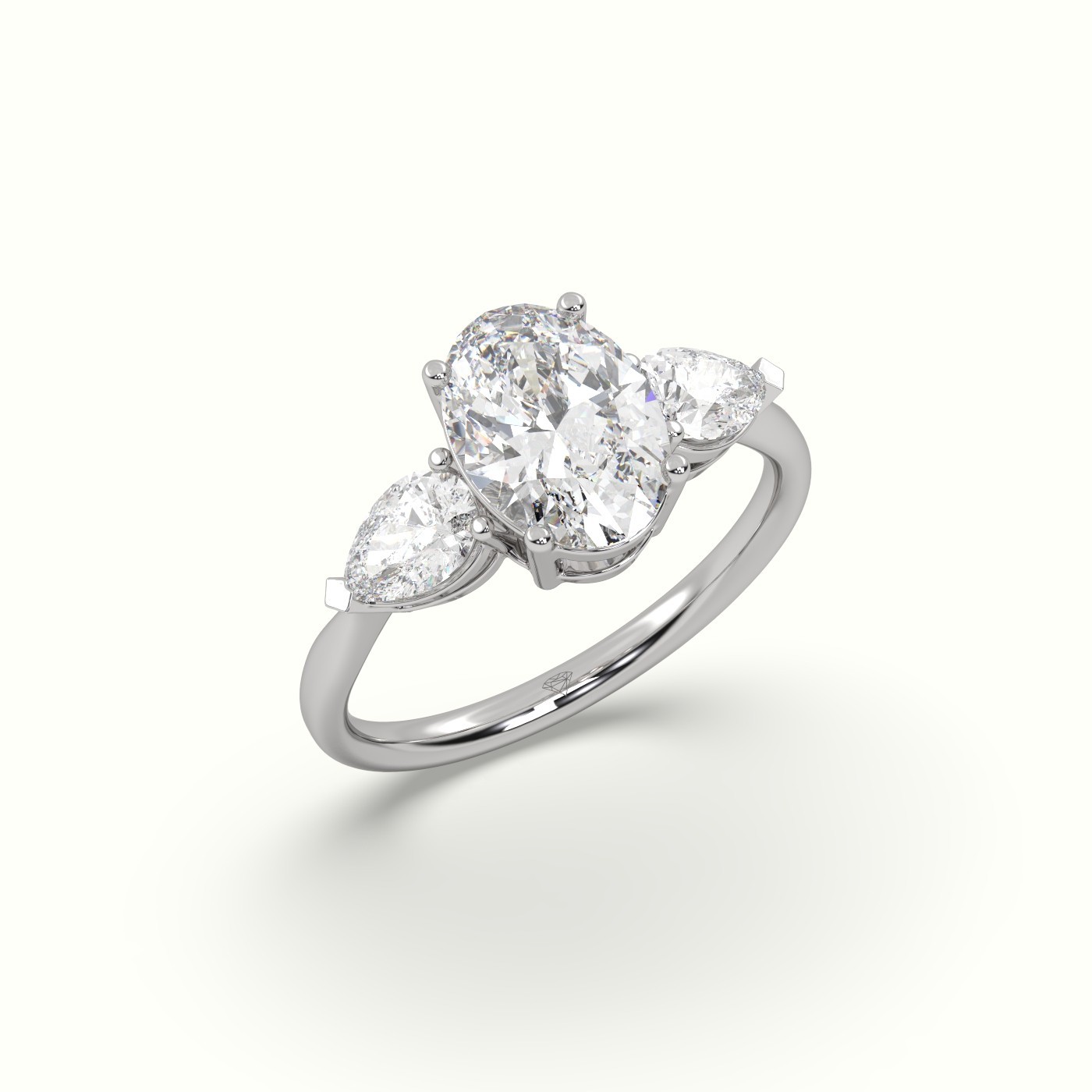 flash sale-18k white gold  oval diamond 4 round prongs trilogy ring pear shape side stone