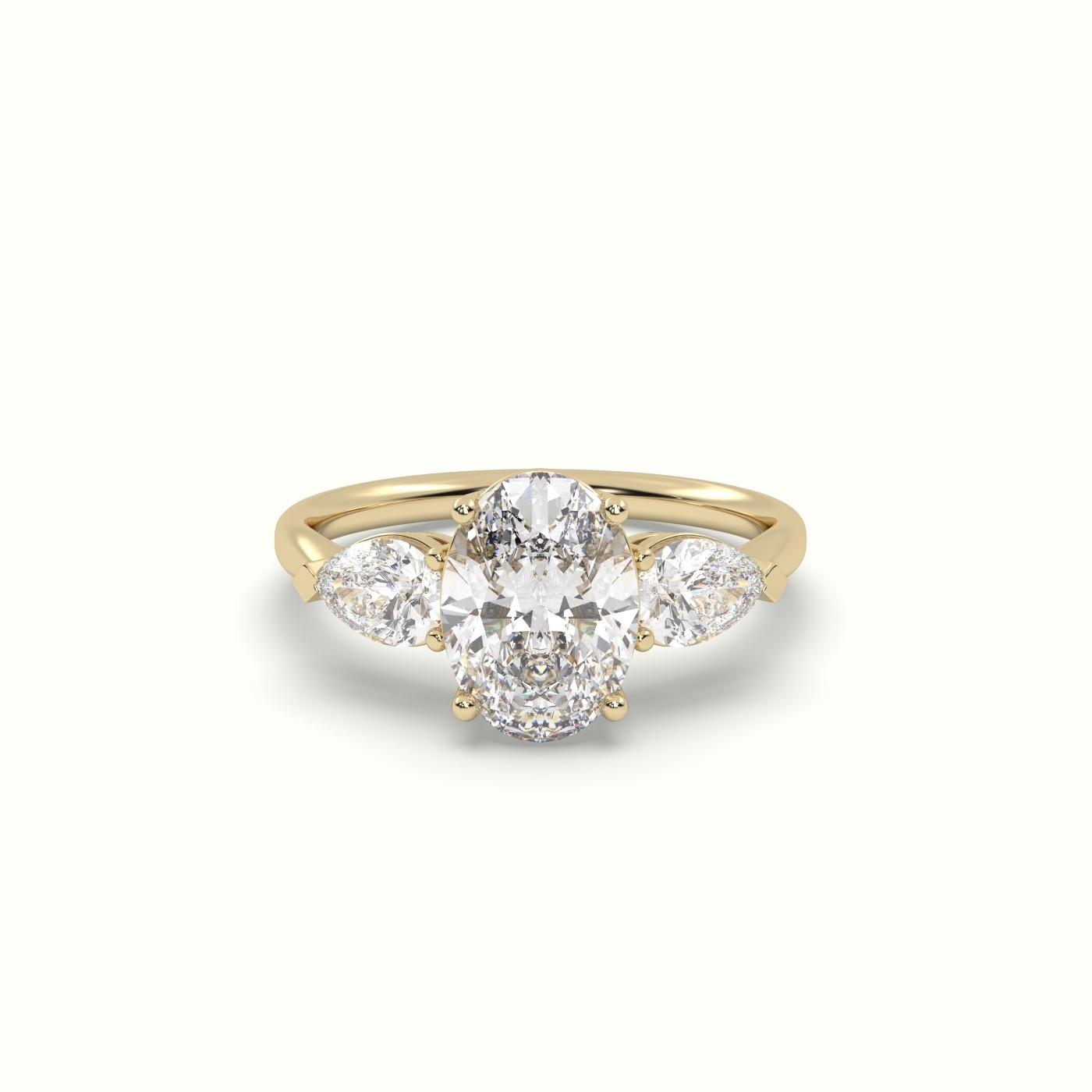 flash sale-18k yellow gold  oval diamond 4 round prongs trilogy ring pear shape side stone Photos & images