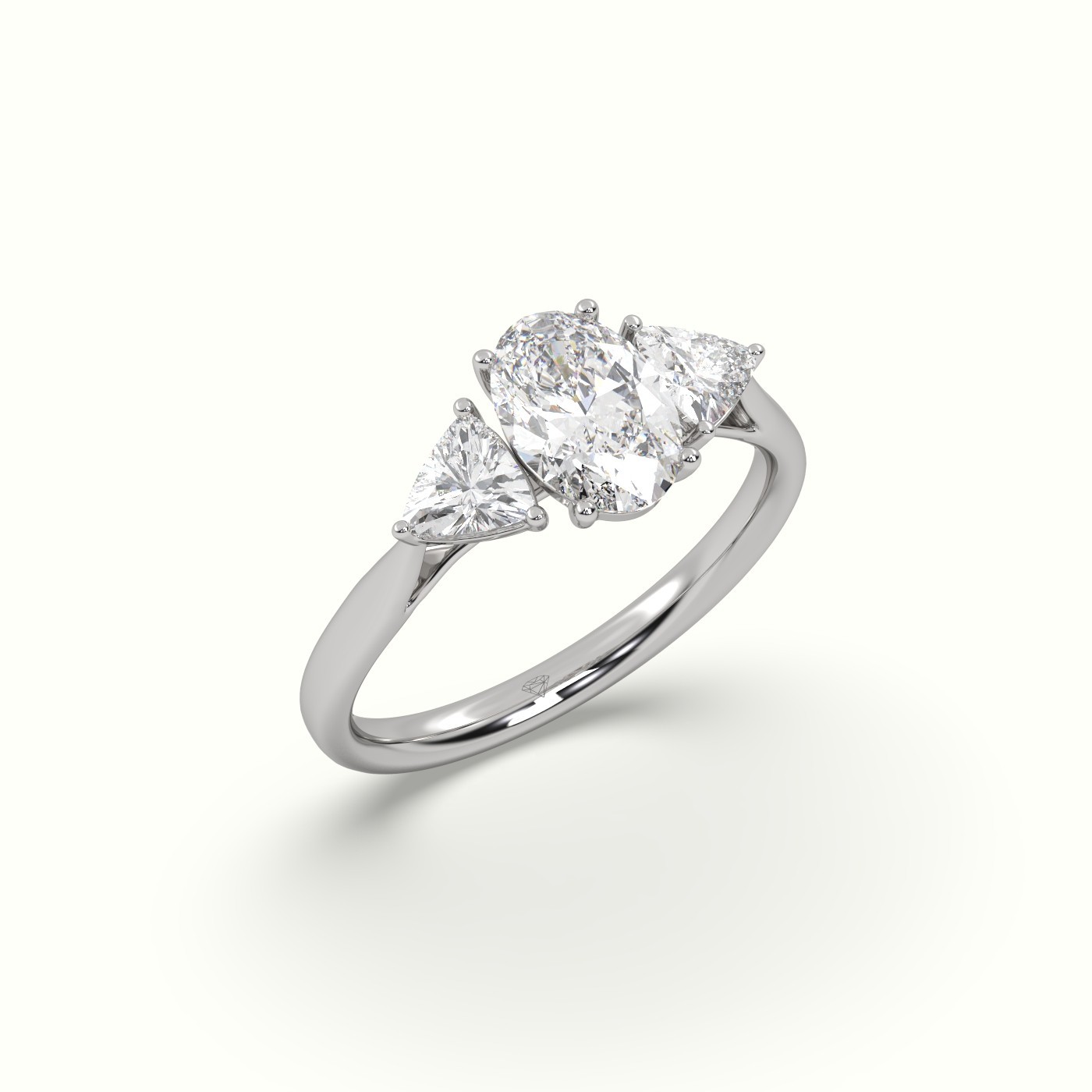 FLASH SALE-18K WHITE GOLD  OVAL & TRIANGLE DIAMOND TRILOGY RING