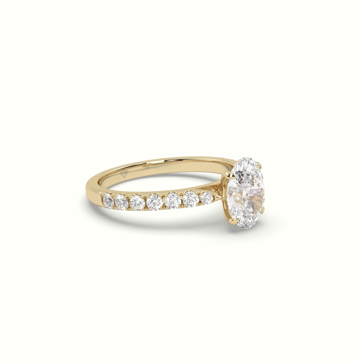 18k yellow gold  1.00 ct, f vvs2 hrd certified 4-prong oval cut labgrown  diamond ring with pave set diamond band Photos & images