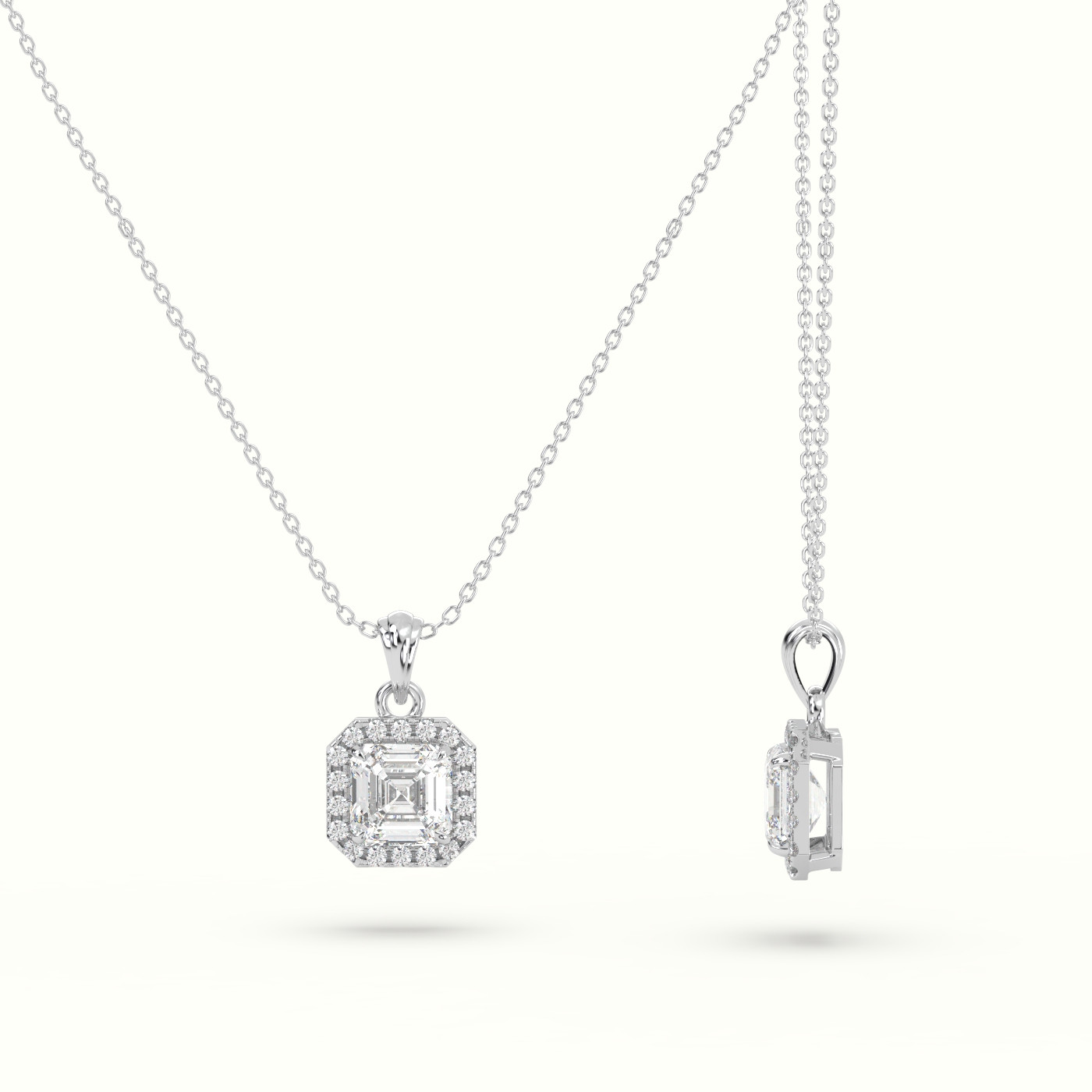 18k white gold ascher cut solitaire halo diamond pendant Photos & images