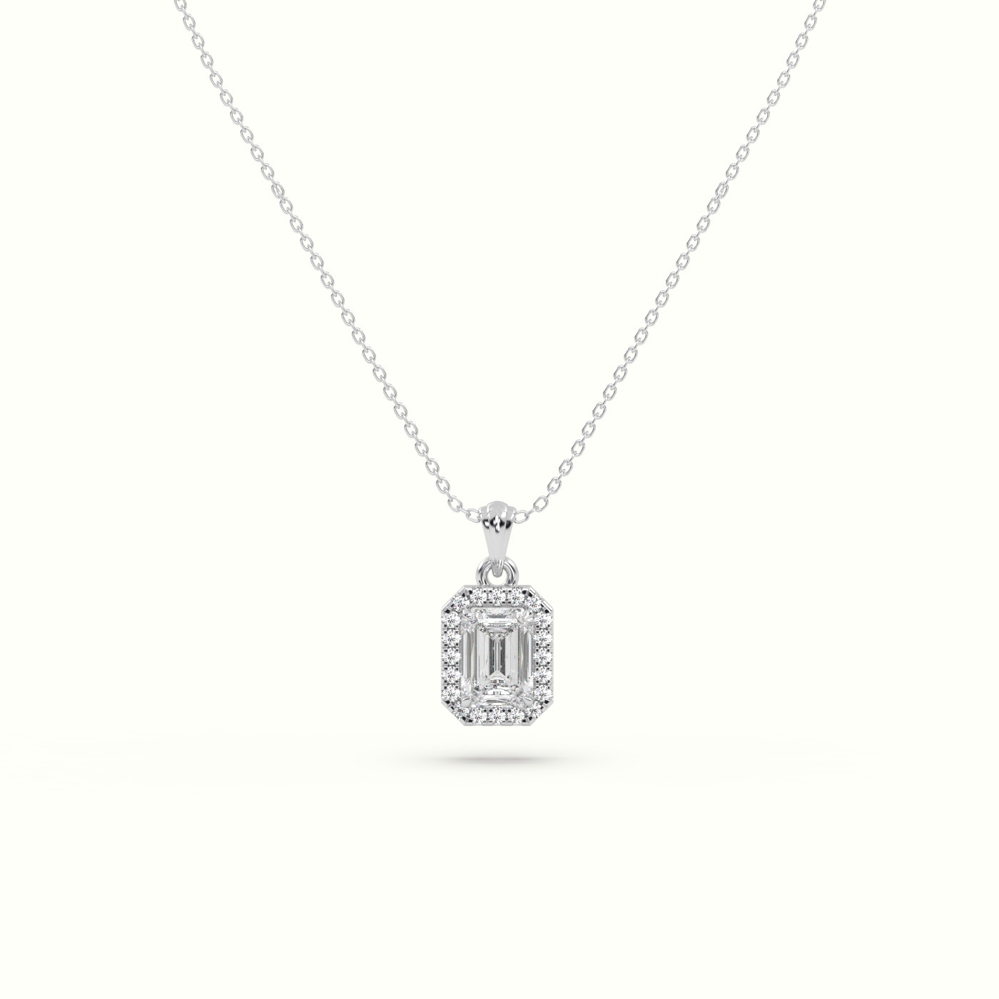 18K White Gold Emerald Cut Solitaire Halo Diamond Pendant