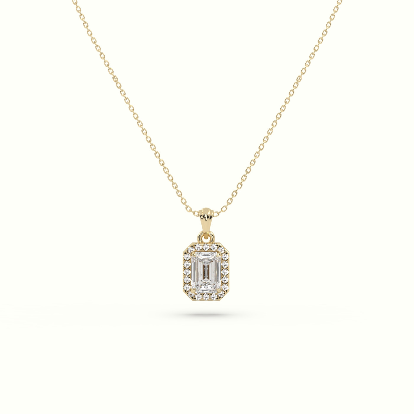 18k yellow gold emerald cut solitaire halo diamond pendant