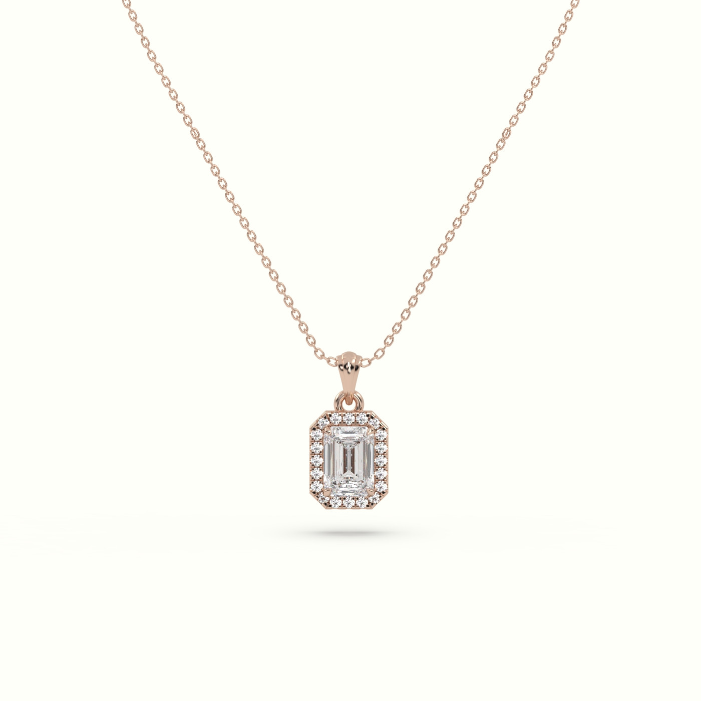 18k rose gold emerald cut solitaire halo diamond pendant