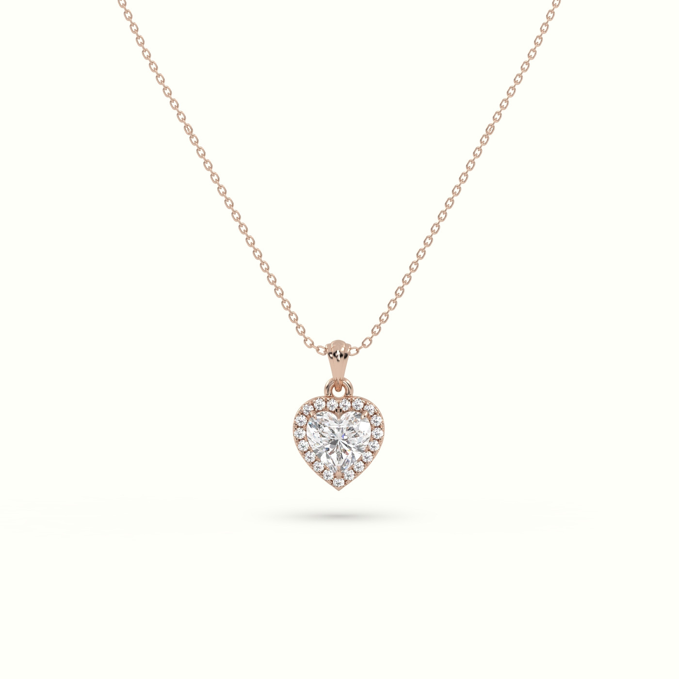 18k rose gold heart cut solitaire halo diamond pendant