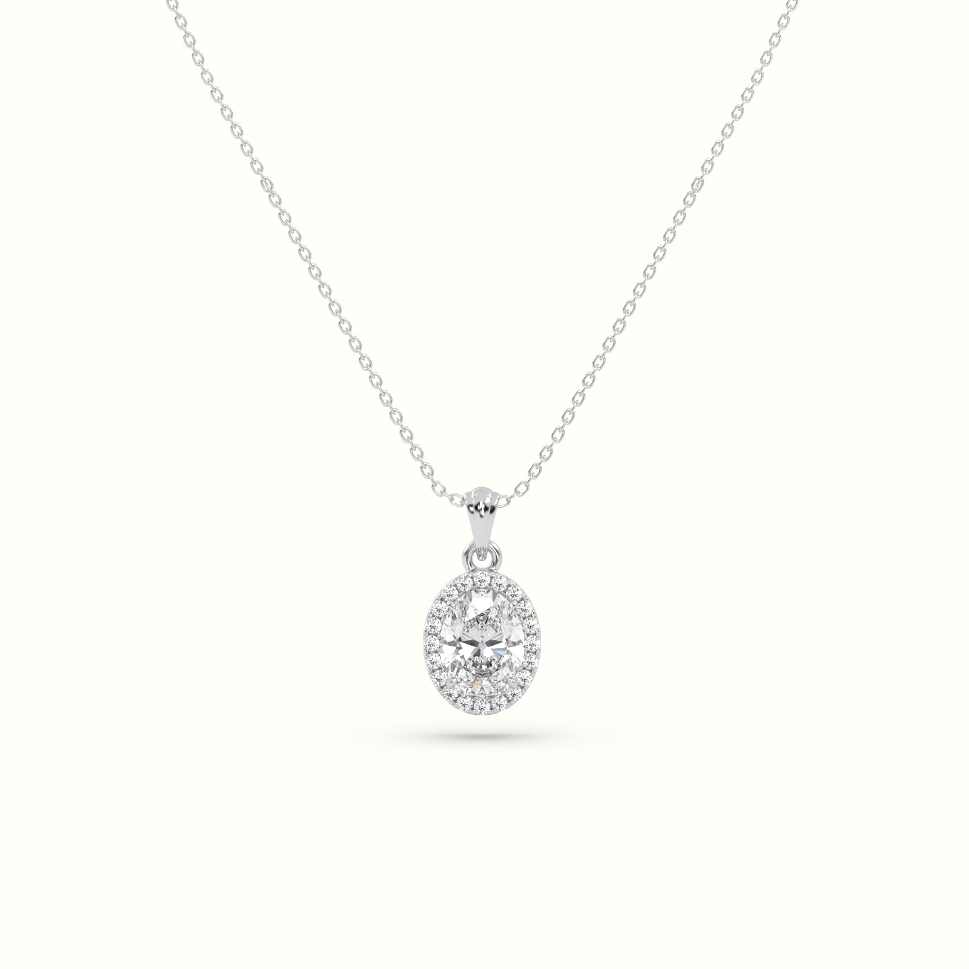 18k white gold oval cut solitaire halo diamond pendant