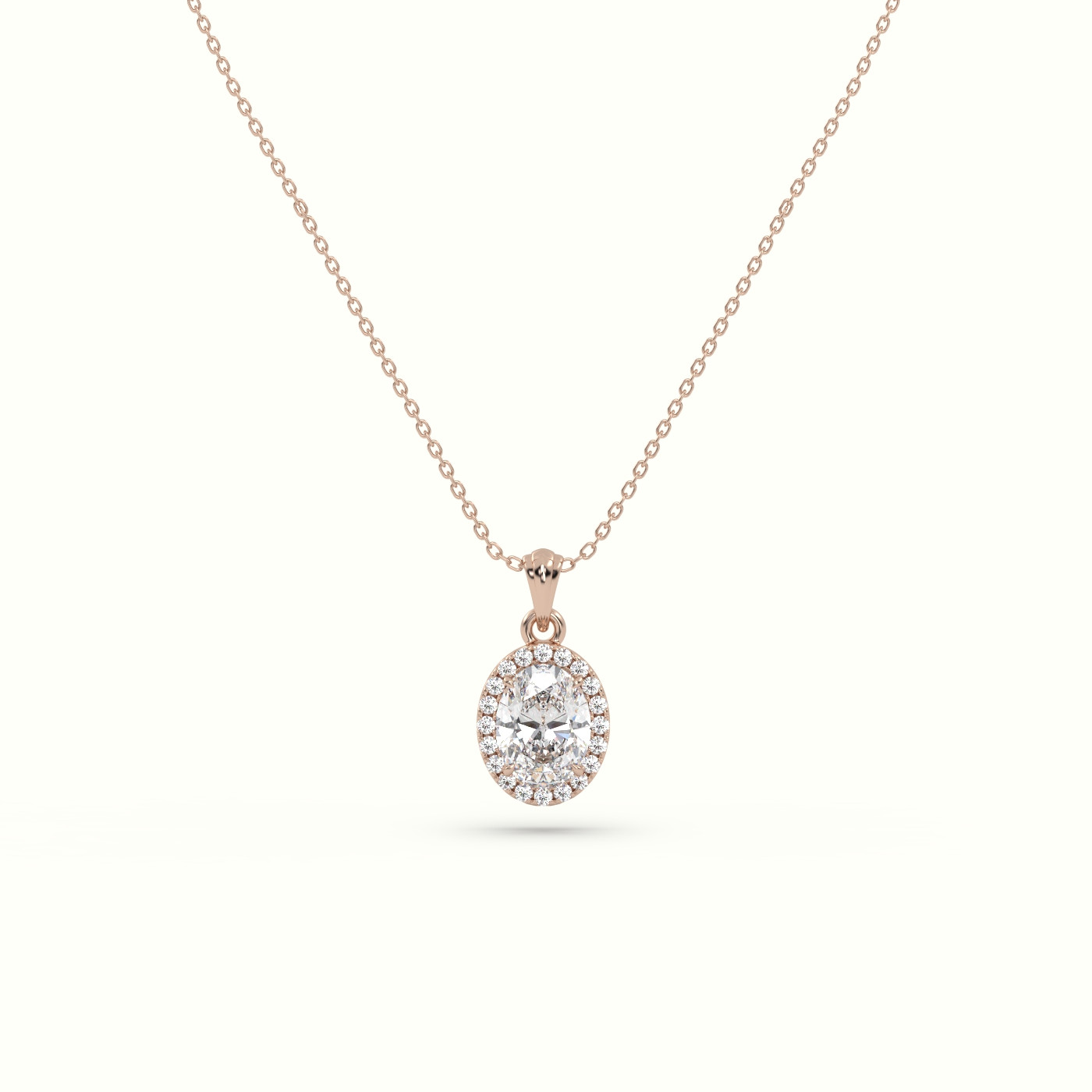 18k rose gold oval cut solitaire halo diamond pendant