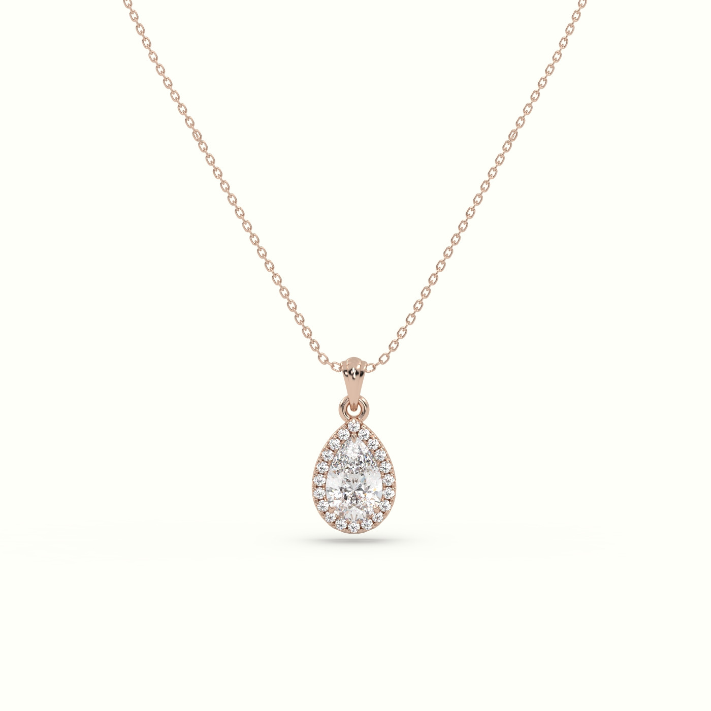 18k rose gold pear cut solitaire halo diamond pendant