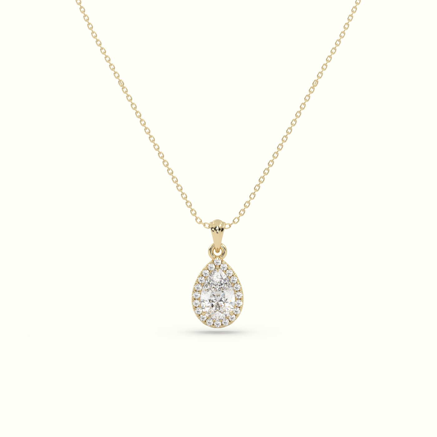 18k yellow gold pear cut solitaire halo diamond pendant