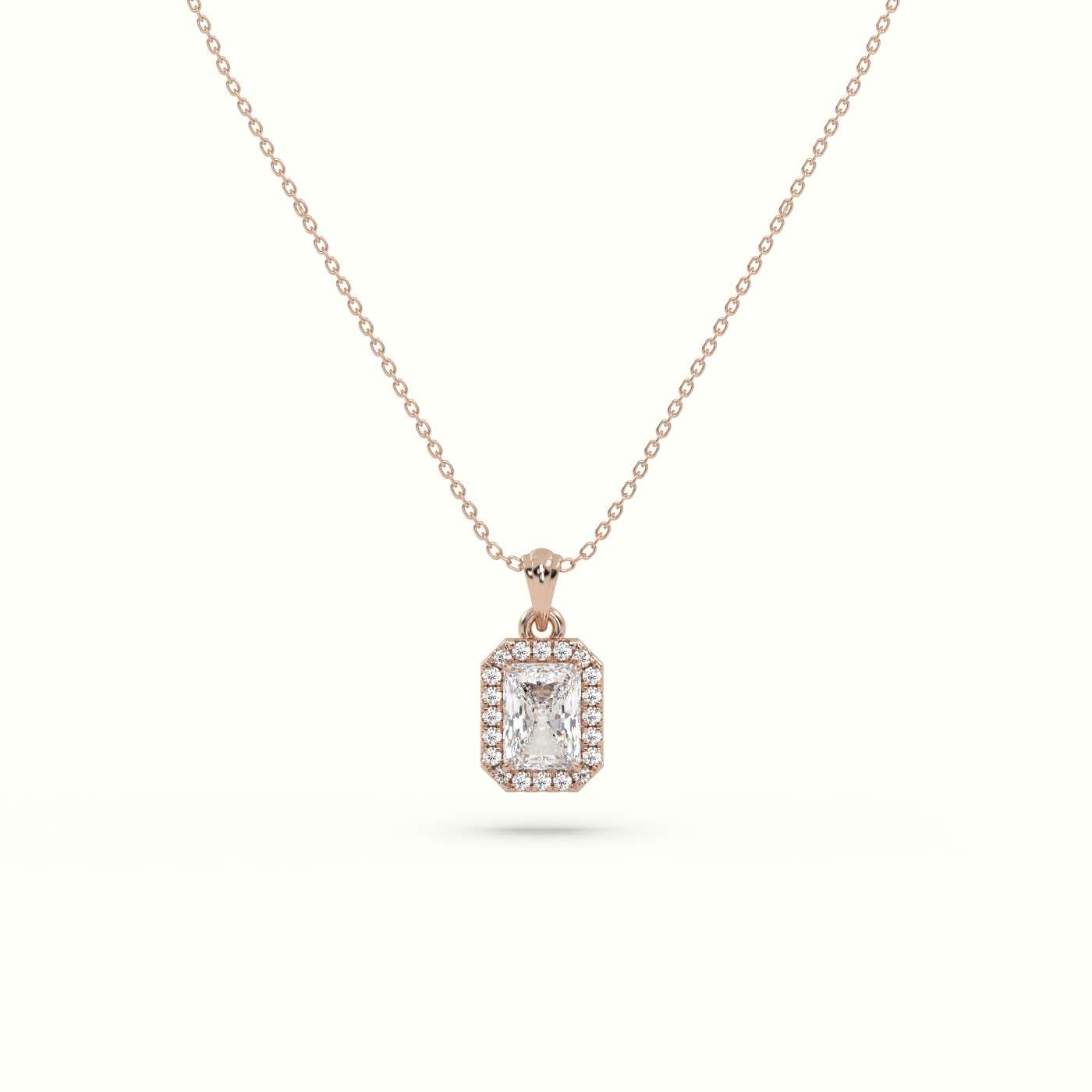 18k rose gold radiant cut solitaire halo diamond pendant