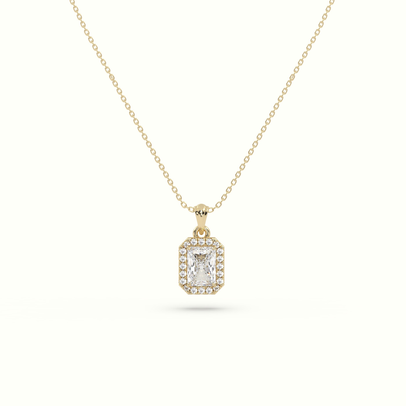 18k yellow gold radiant cut solitaire halo diamond pendant