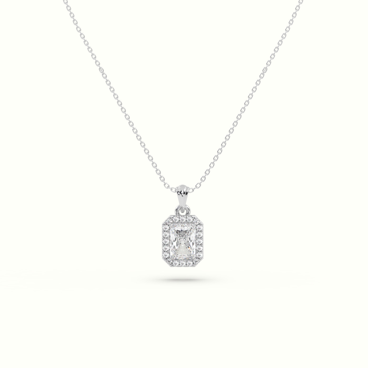 18k white gold radiant cut solitaire halo diamond pendant