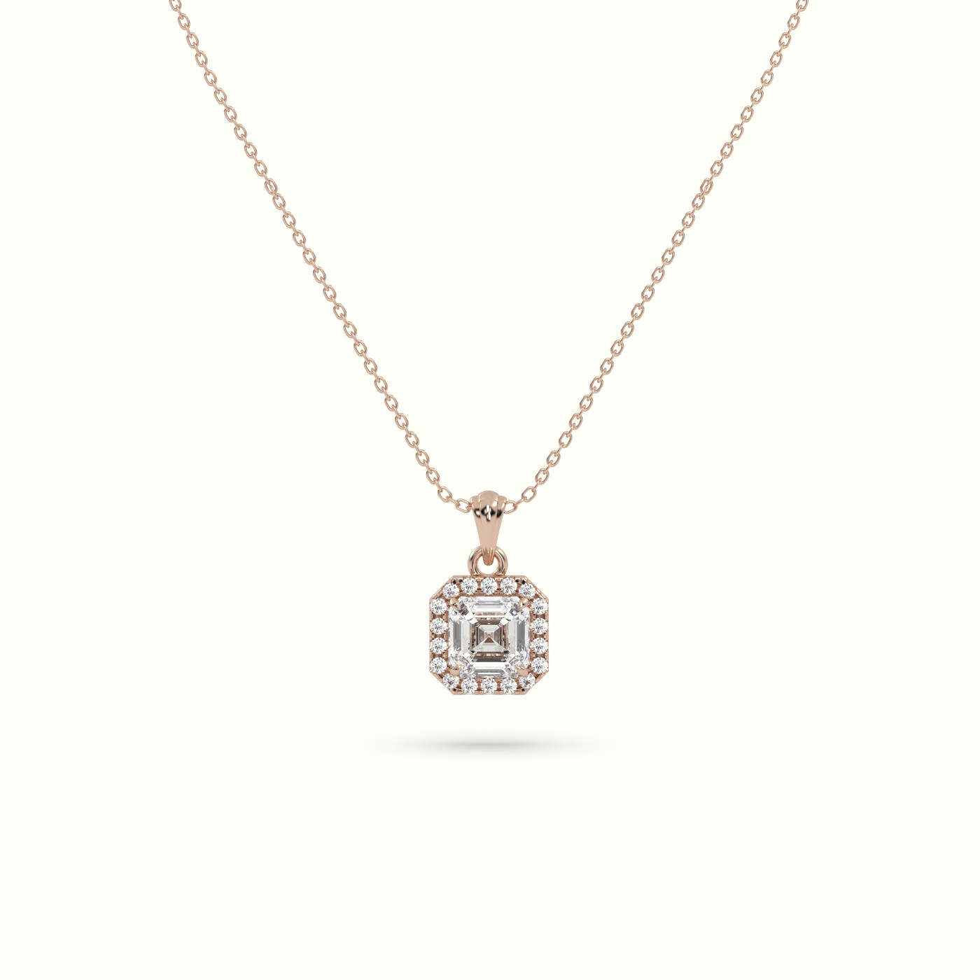 18k rose gold ascher cut solitaire halo diamond pendant