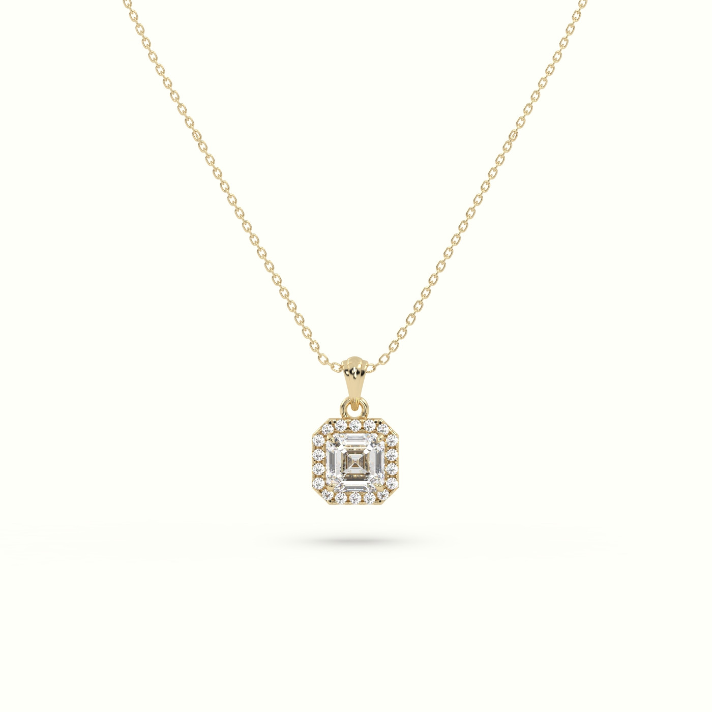 18k yellow gold ascher cut solitaire halo diamond pendant