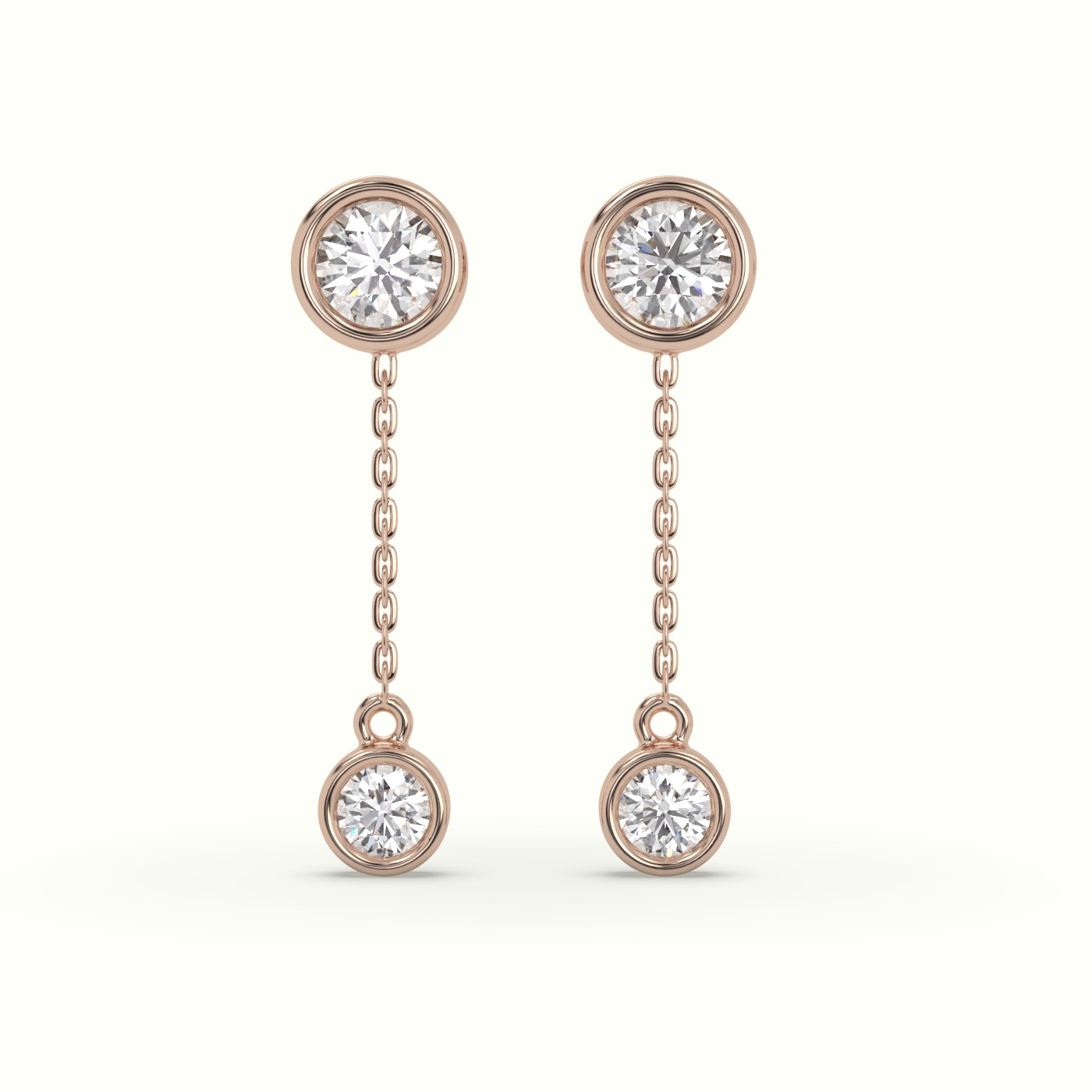 18k rose gold round diamond bezel drop earrings