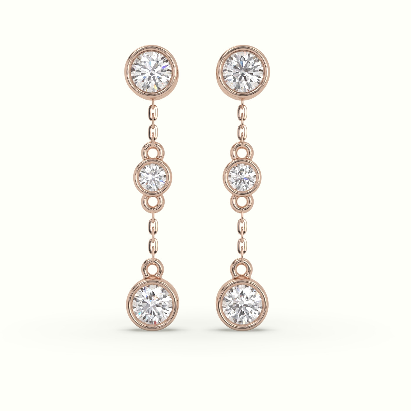 18k rose gold round diamond bezel multi drop earrings