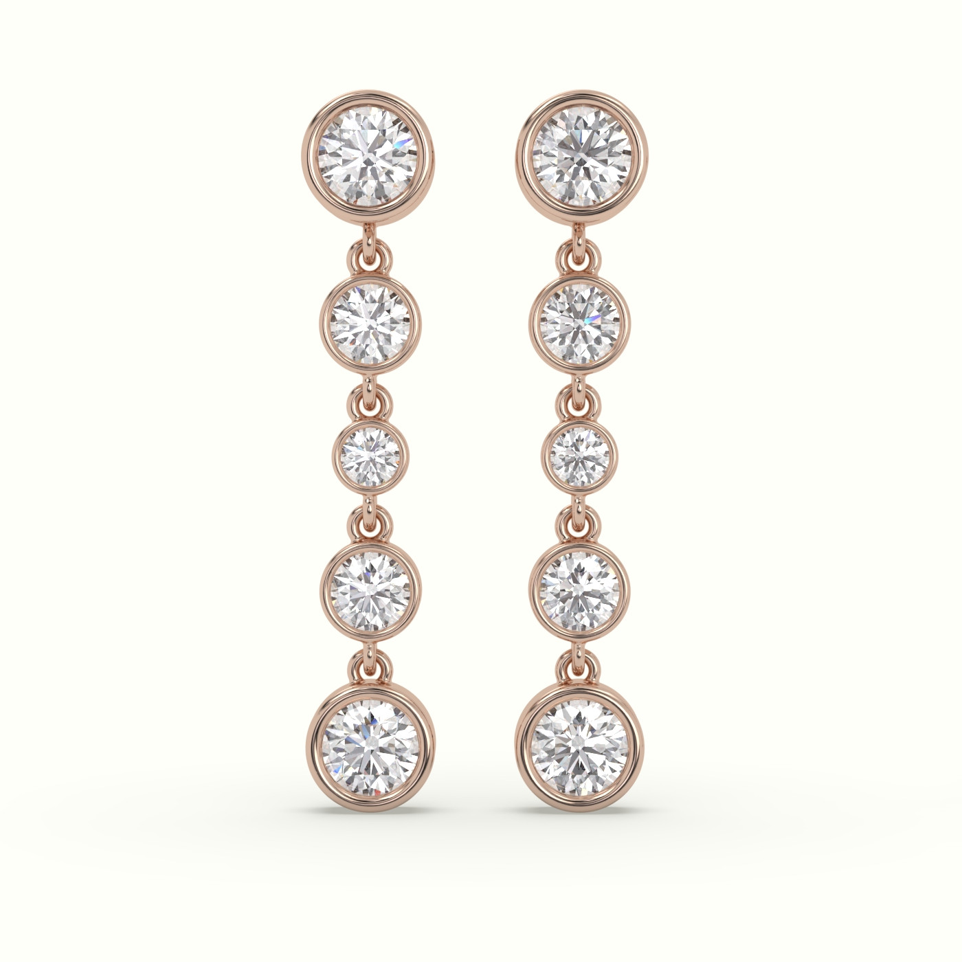 18k rose gold round diamond bezel multi drop earrings