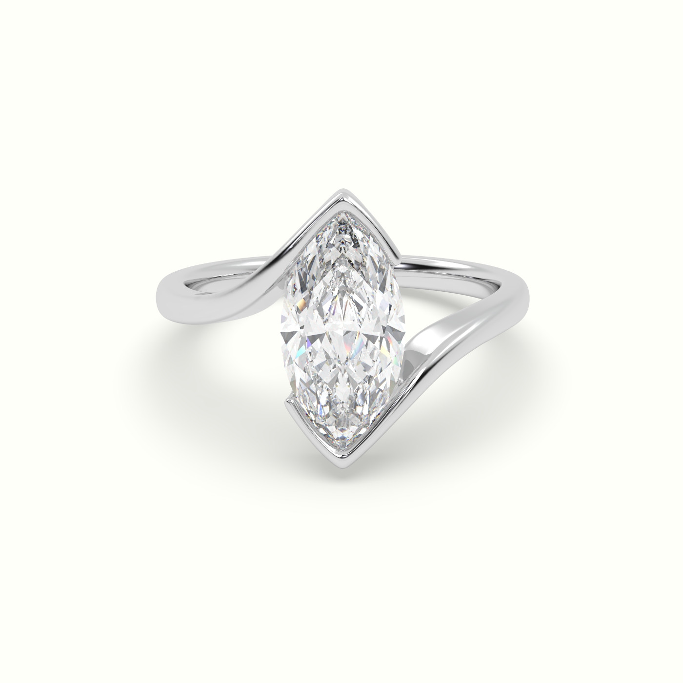 18k white gold marquise diamond bezel solitaire bypass ring
