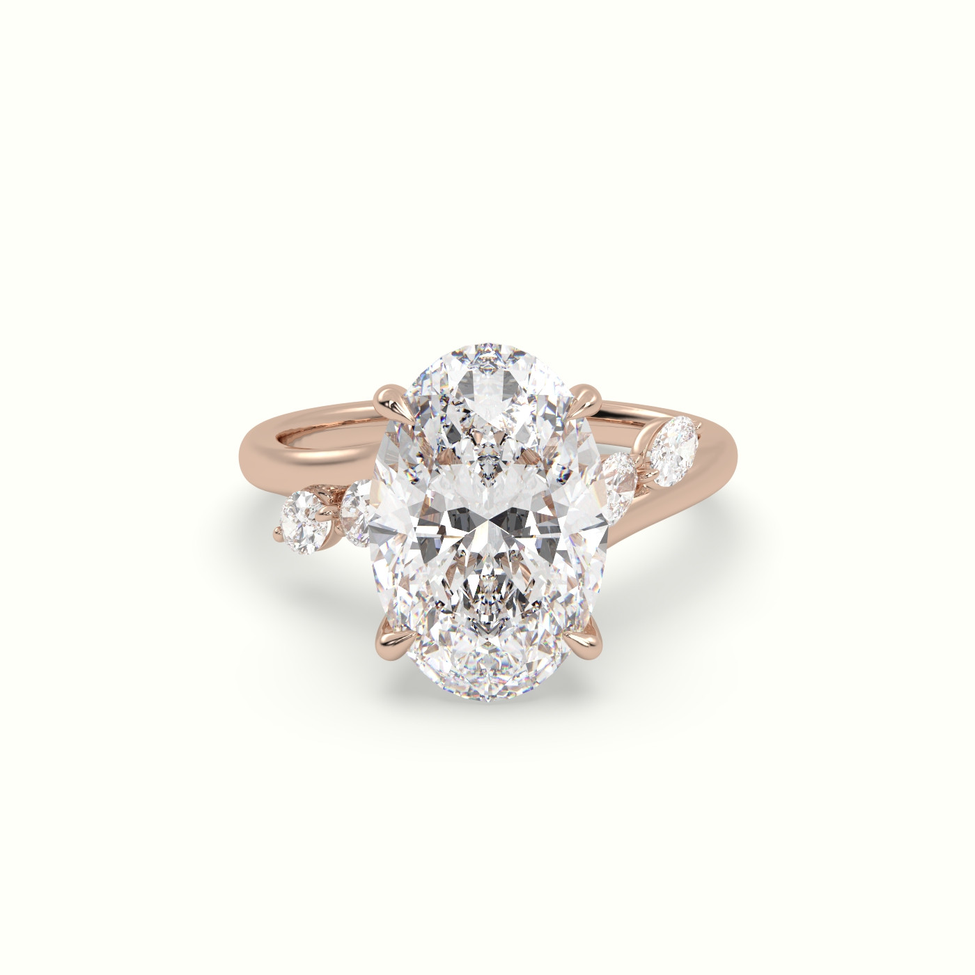 10K Rose Gold Oval Diamond Side Stone Ring