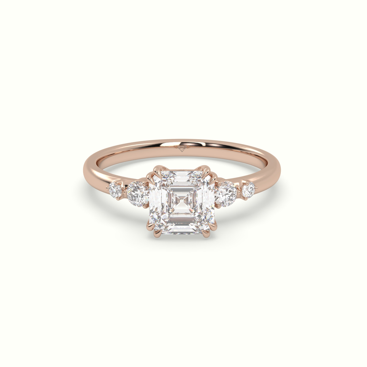 10K Rose Gold Asscher Diamond Solitaire Side Stone Ring