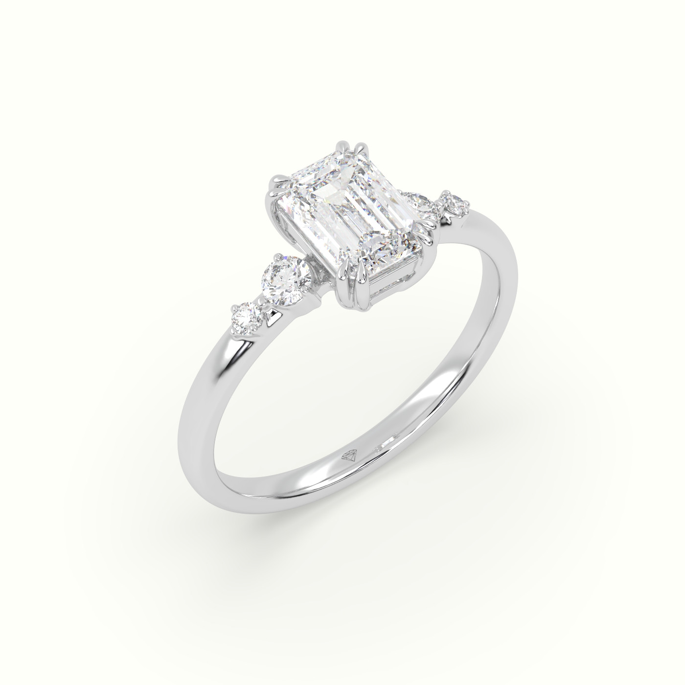 18k white gold emerald diamond solitaire side stone ring Photos & images