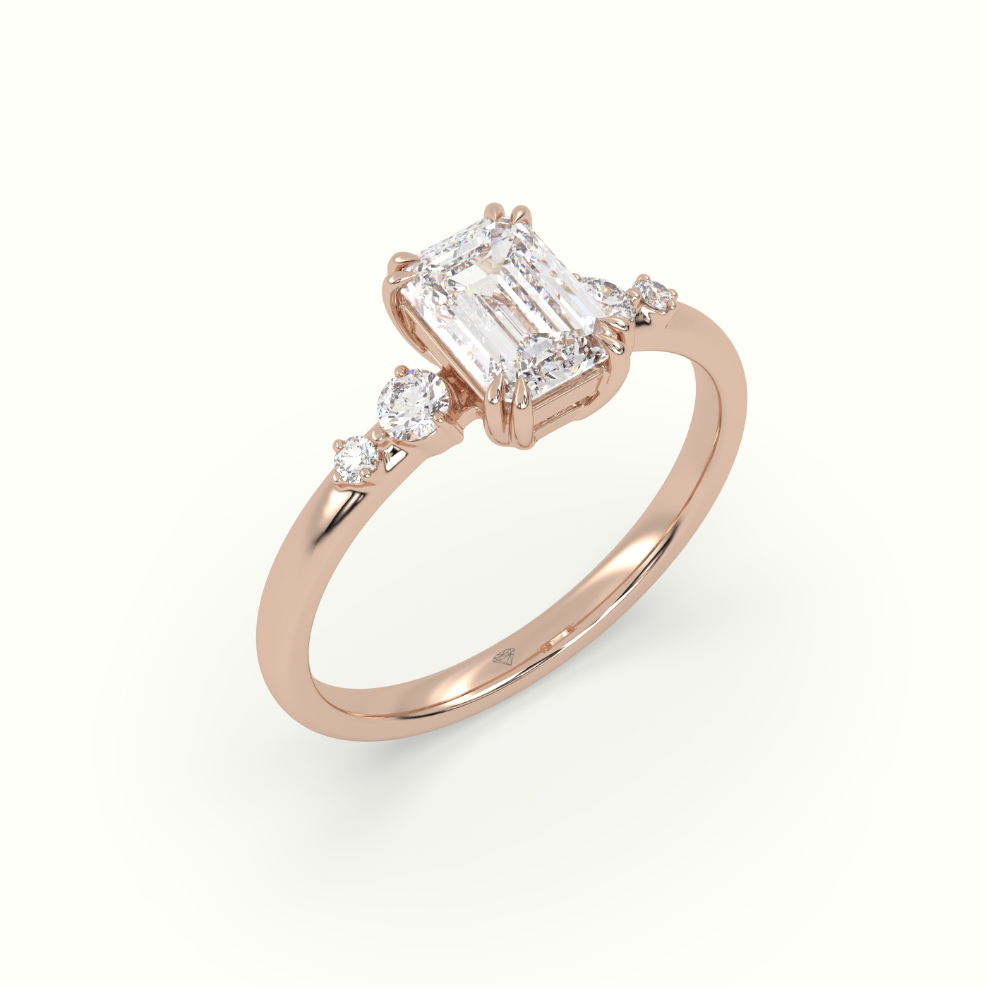 18k rose gold emerald diamond solitaire side stone ring Photos & images