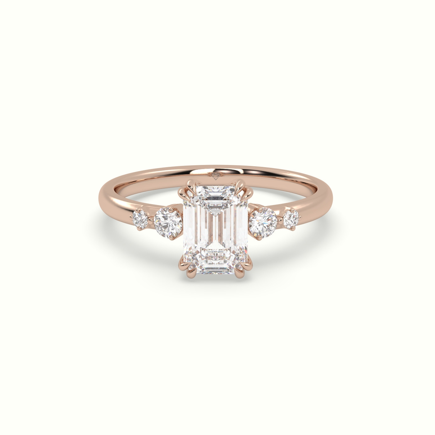 18k rose gold emerald diamond solitaire side stone ring