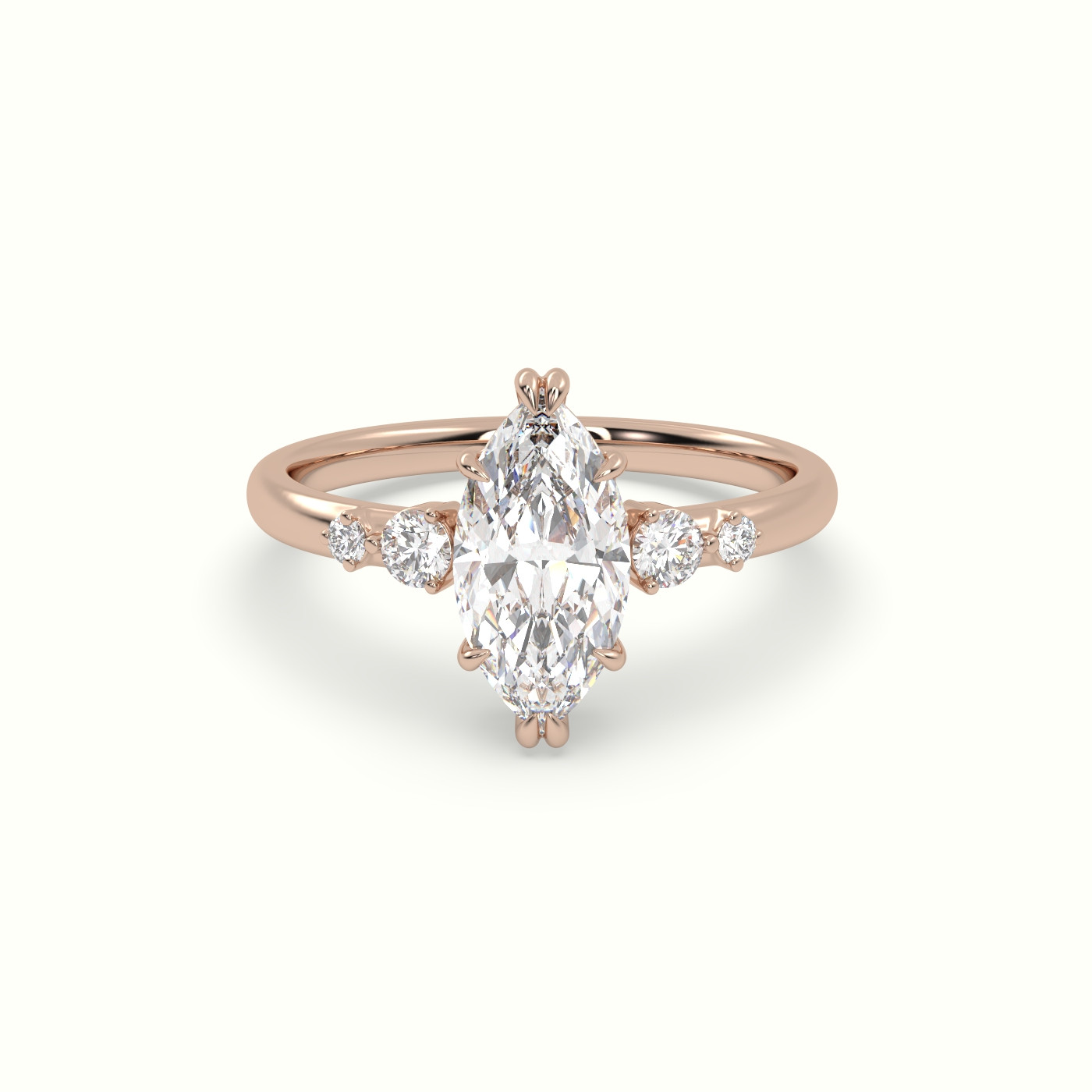 10K Rose Gold Marquise Diamond Solitaire Side Stone Ring