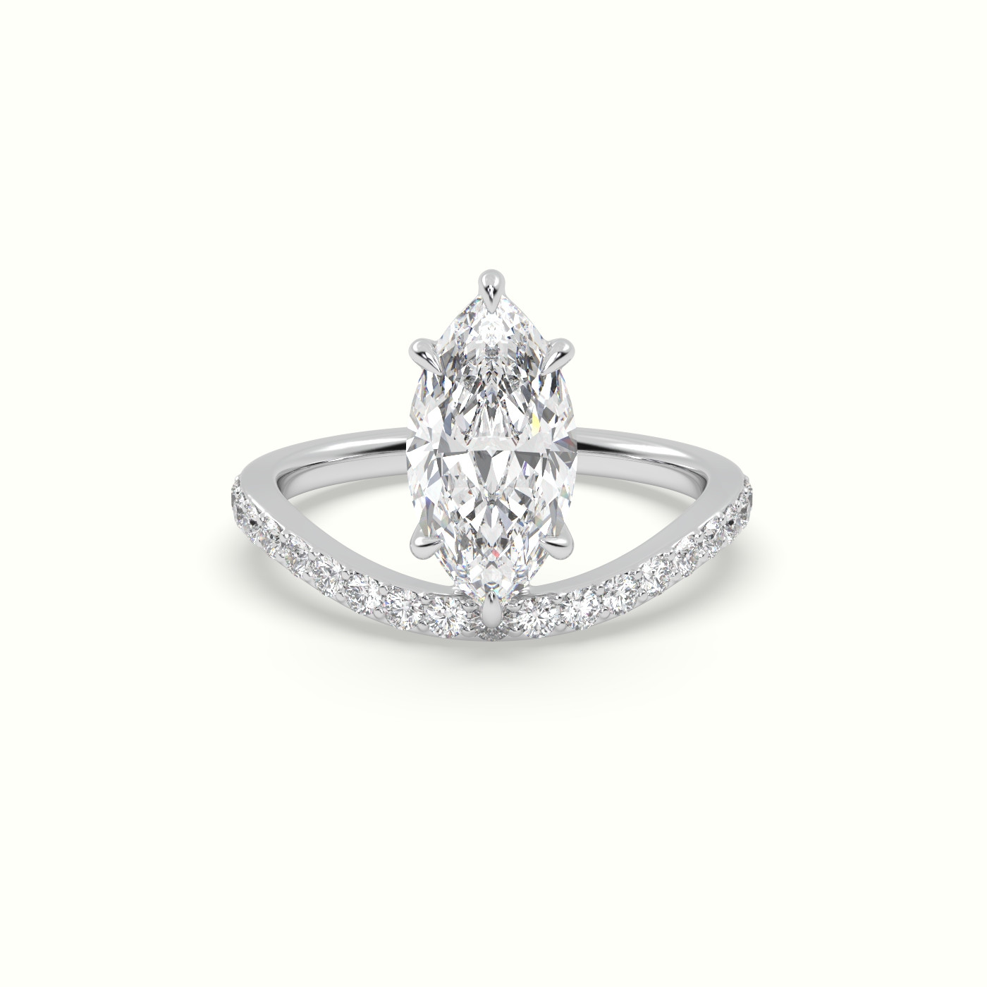 10K White Gold Marquise Diamond Solitaire Curved Pavé Ring