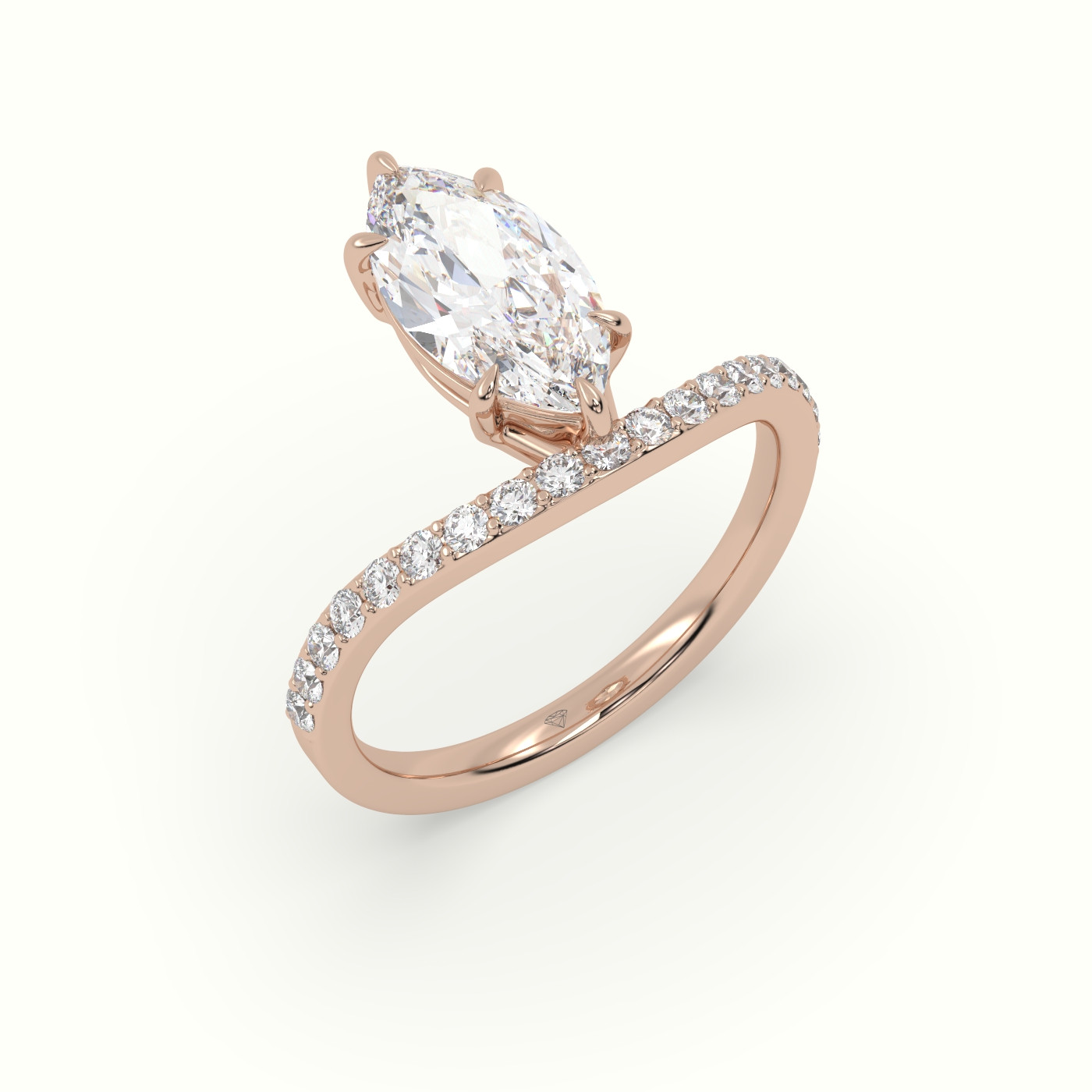18k rose gold marquise diamond solitaire curved pavé ring Photos & images