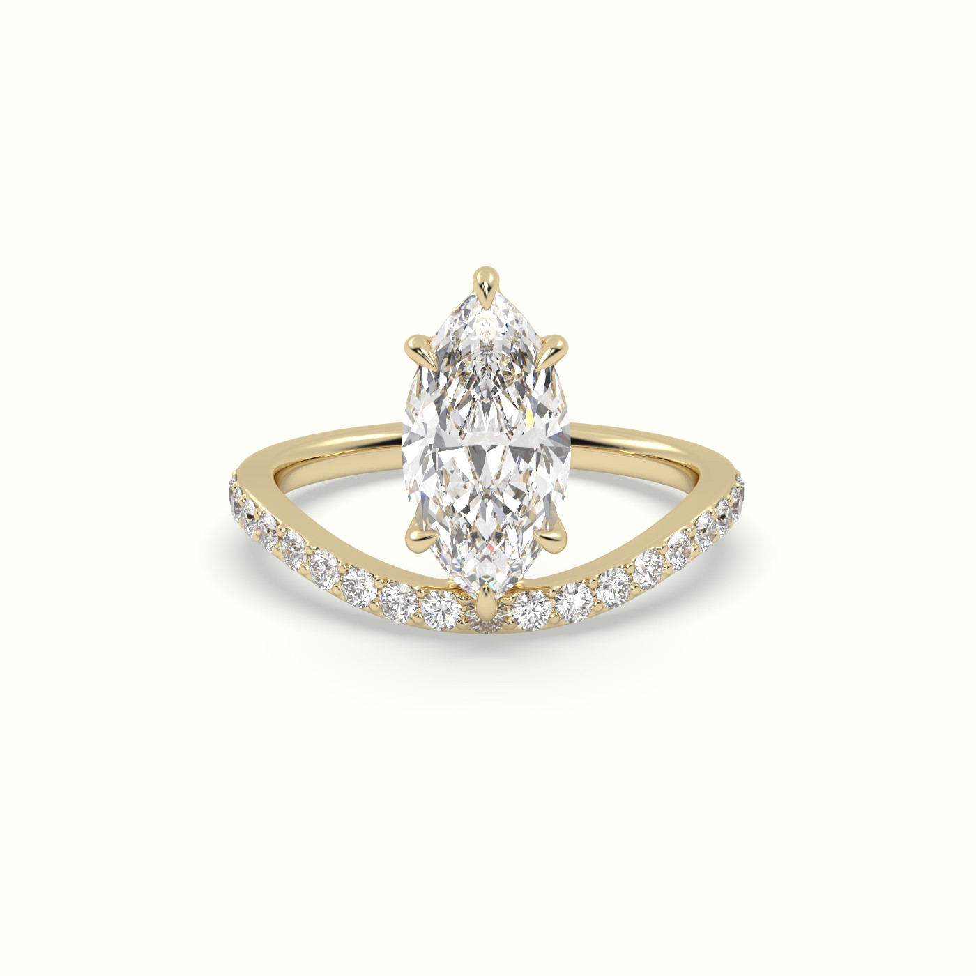 10k yellow gold marquise diamond solitaire curved pavé ring